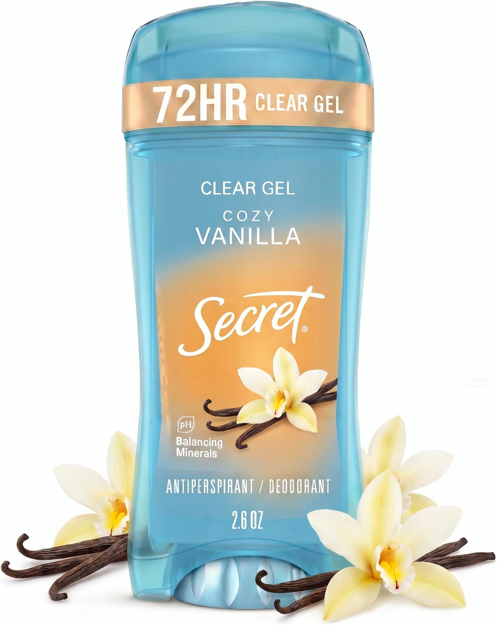 Secret Fresh Antiperspirant Deodorant for Women, 72hr Breathable Sweat & Odor Protection, Instant Freshness & Gentle, PH Balancing Minerals, Clear Gel, Cozy Vanilla Scent, 2.6 oz