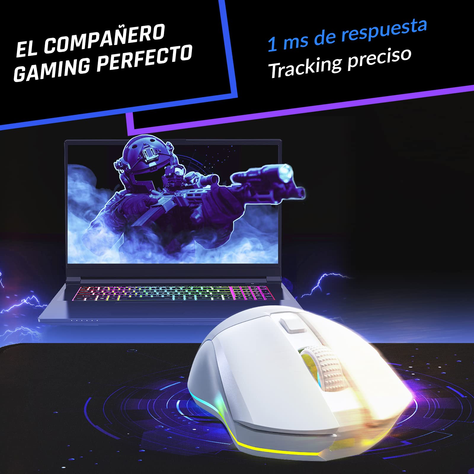 KLIM Blaze Pro – Ratón inalámbrico RGB Recargable con estación de Carga – Novedad – Sensor de Alta precisión con batería de Larga duración – hasta 6000 dpi – Ratón inalámbrico con Cable - Blanco