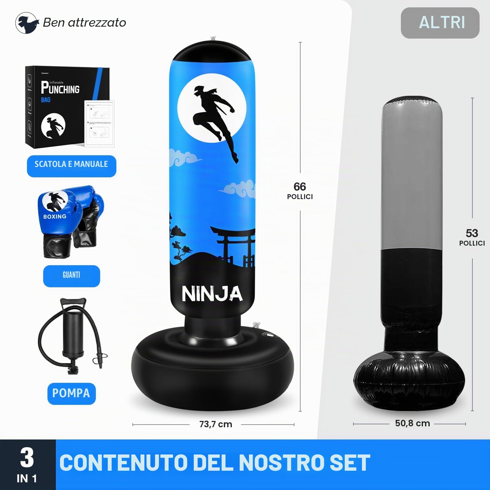 Sacco da boxe grande e stabile per bambini, pungiball bambini gonfiabile alto 168 cm, regalo per ragazzi e ragazze dai 5-12 anni, per praticare karate, taekwondo, MMA