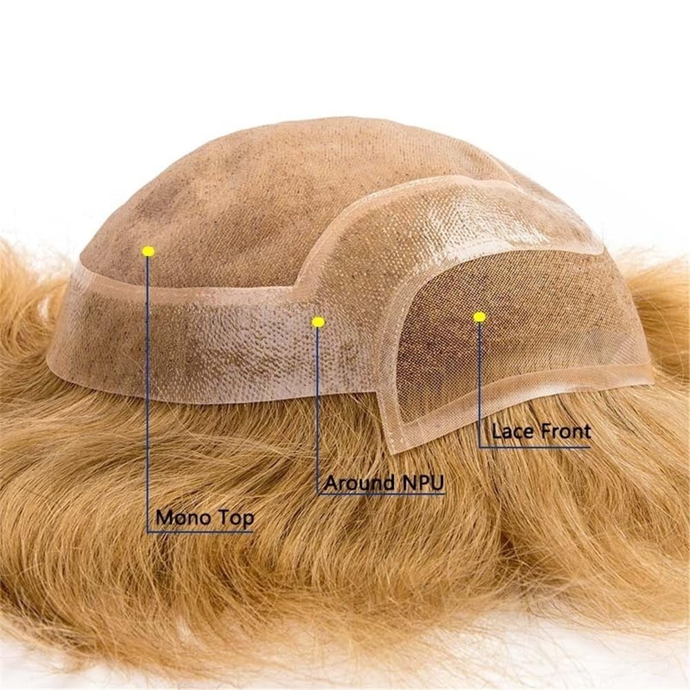 Men's Toupee Parrucca da uomo con base in PU e parte superiore monocromatica in capelli umani biondo miele n. 21 in pizzo frontale