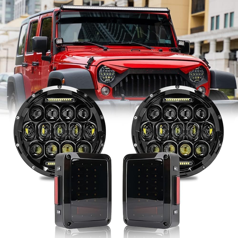 JHLion 7" LED Headlights (Black) + Smoked Taillights for Jeep Wrangler TJ LJ JK 1997–2020, JKU 2007–2018 | 2000% Brighter, Street & Off-Road Ready, Quick Install Kit