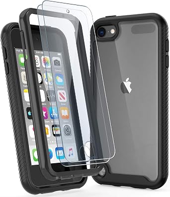 ULAK Compatible with iPod Touch 7th/6th/5th Generation Case with 2PCS HD Screen Protector, Heavy Duty Shockproof Protective 2 in 1 Transparent Back Cover for iPod Touch 5/6/7, Black