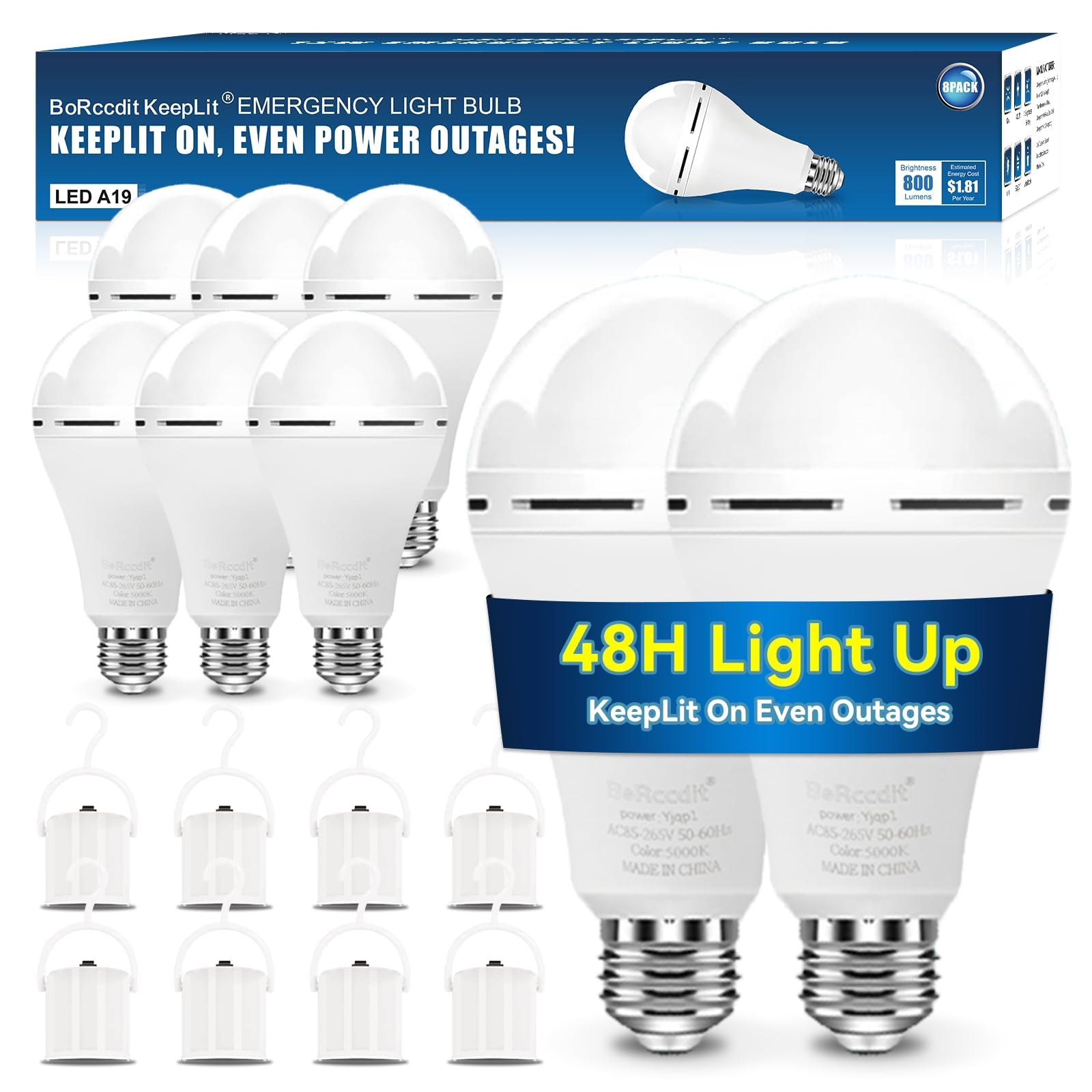 BoRccdit KeepLit 8PK Emergency Rechargeable Light Bulbs