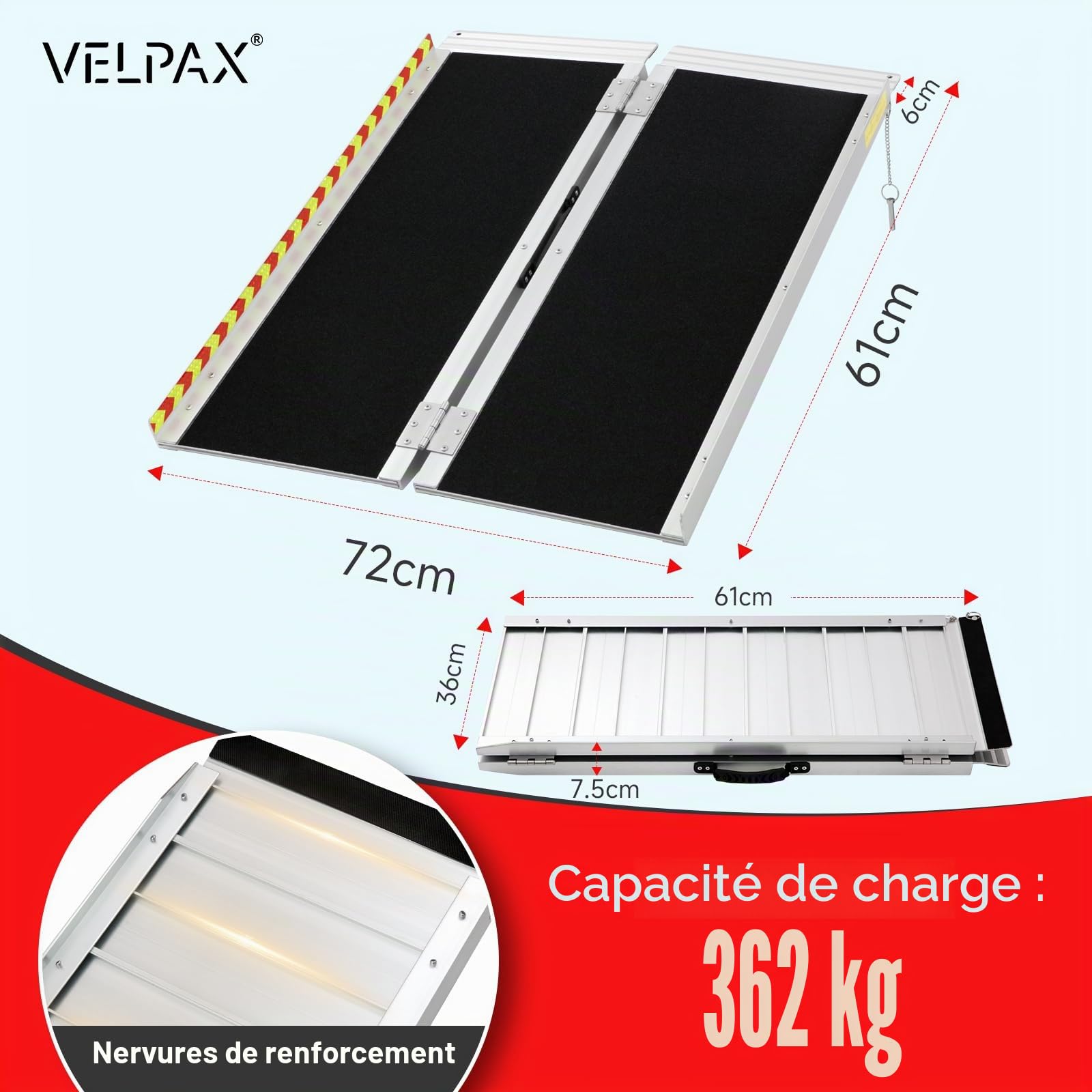 Rampes pour Fauteuils Roulants 61x72CM, Aluminium Rampe Accès Handicapé, Rampe de Seuil Pliable Antidérapante avec Bordures Sécurité Max (61x72CM)