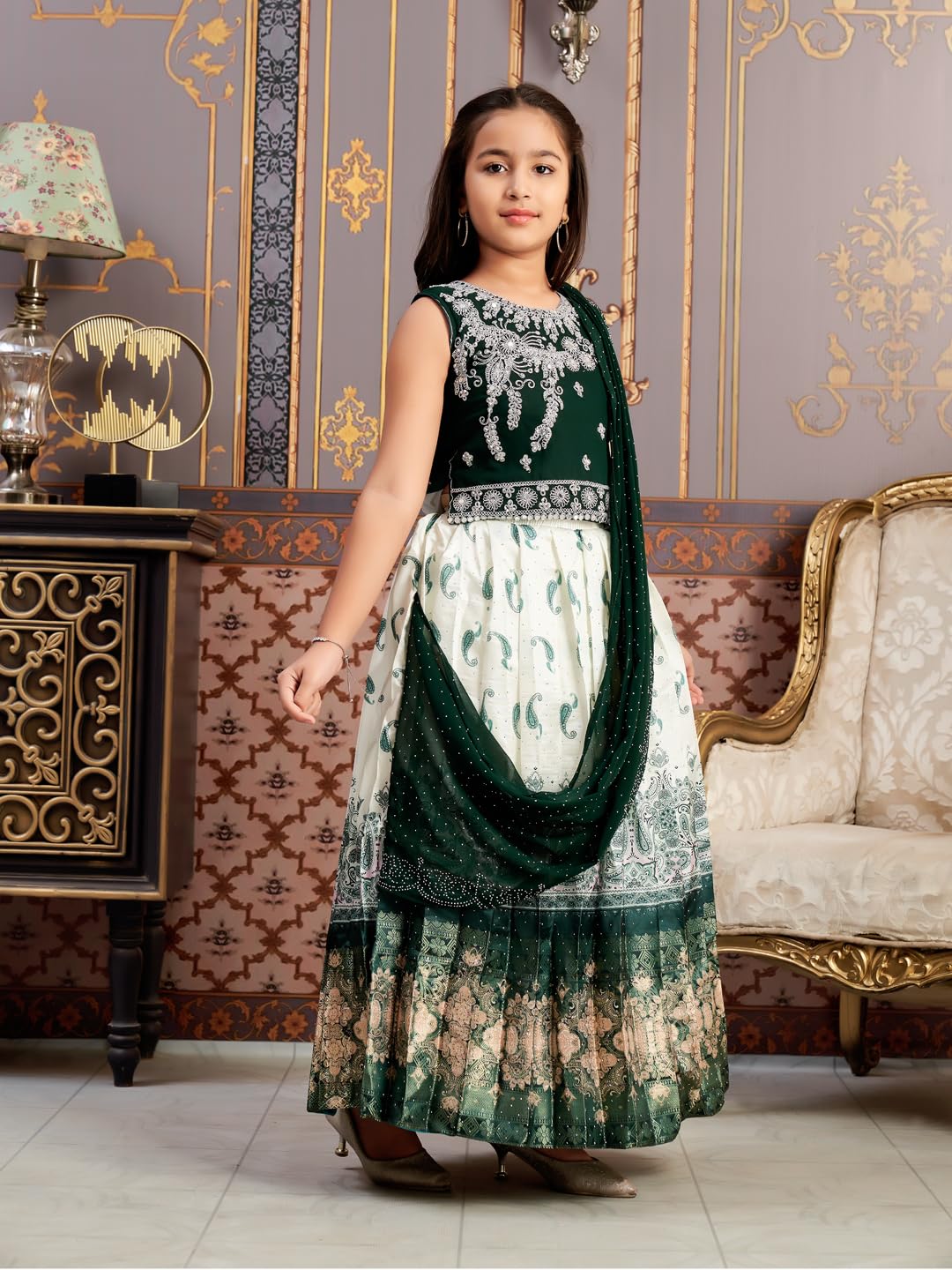 Aarika Girls Ethnic Wear Dark Green-Cream Colour Mirror Embroidery Georgette Lehenga Choli Set With Attached Dupatta-4-15 Years (Lch-9435)
