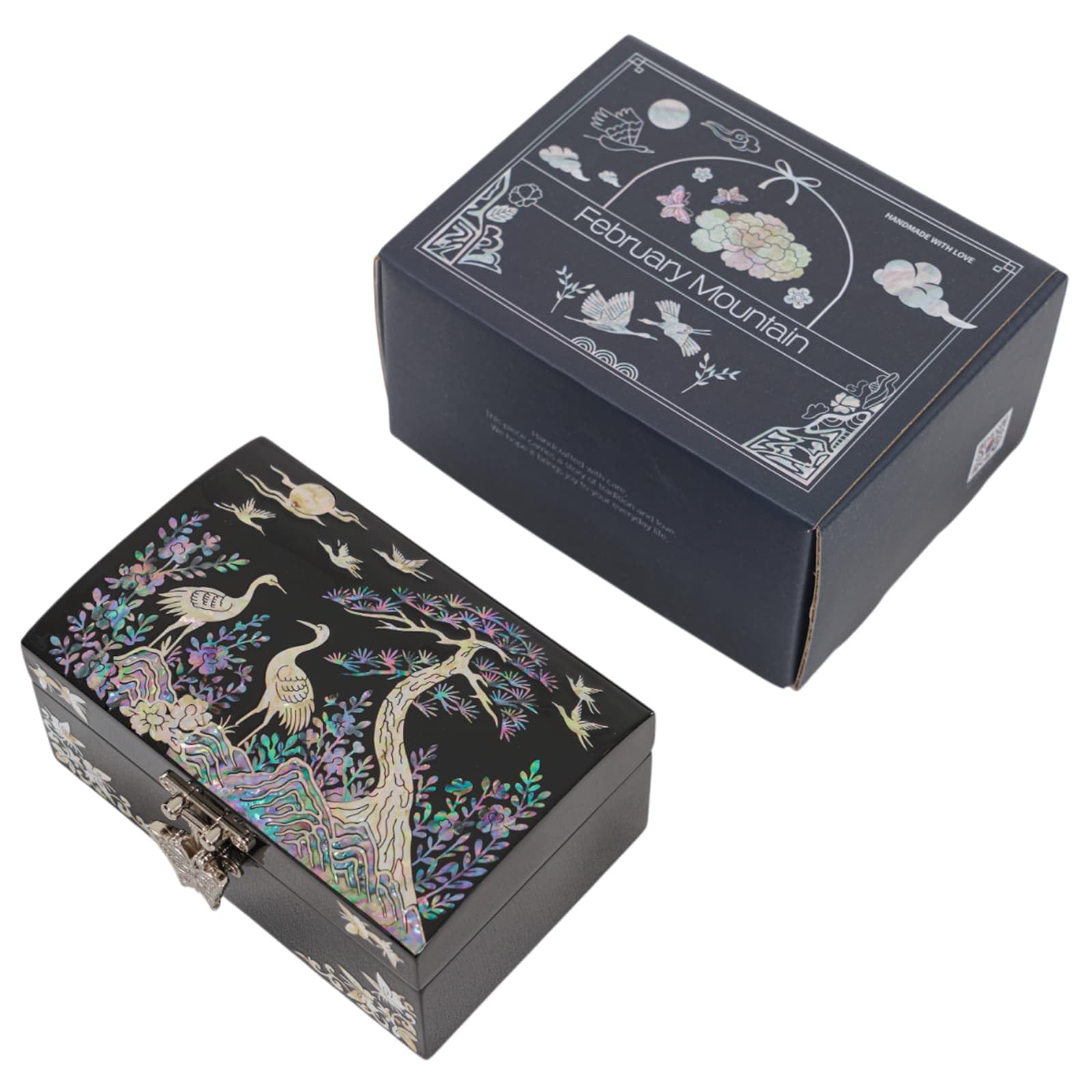 February Mountain Mother of Pearl Small Korean Jewelry Box - Unique Gifts Wooden Box Sister birthday gifts from sister, christmas gifts for women birthday unique gifts for her Oriental Room Decor: Black-Crane
