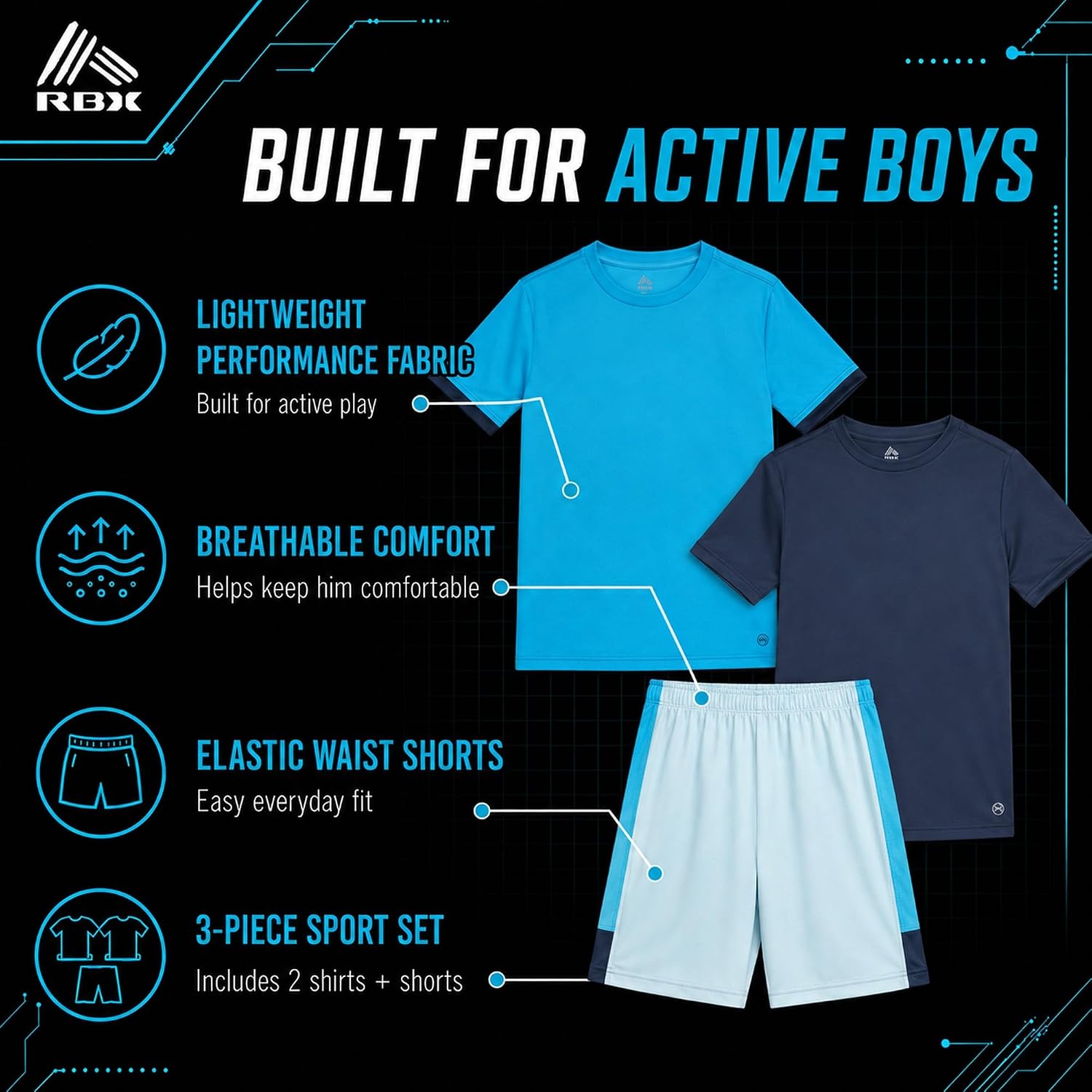 RBX Boys 3 Piece Performance Mesh Shirt & Elastic Waist Basketball Shorts