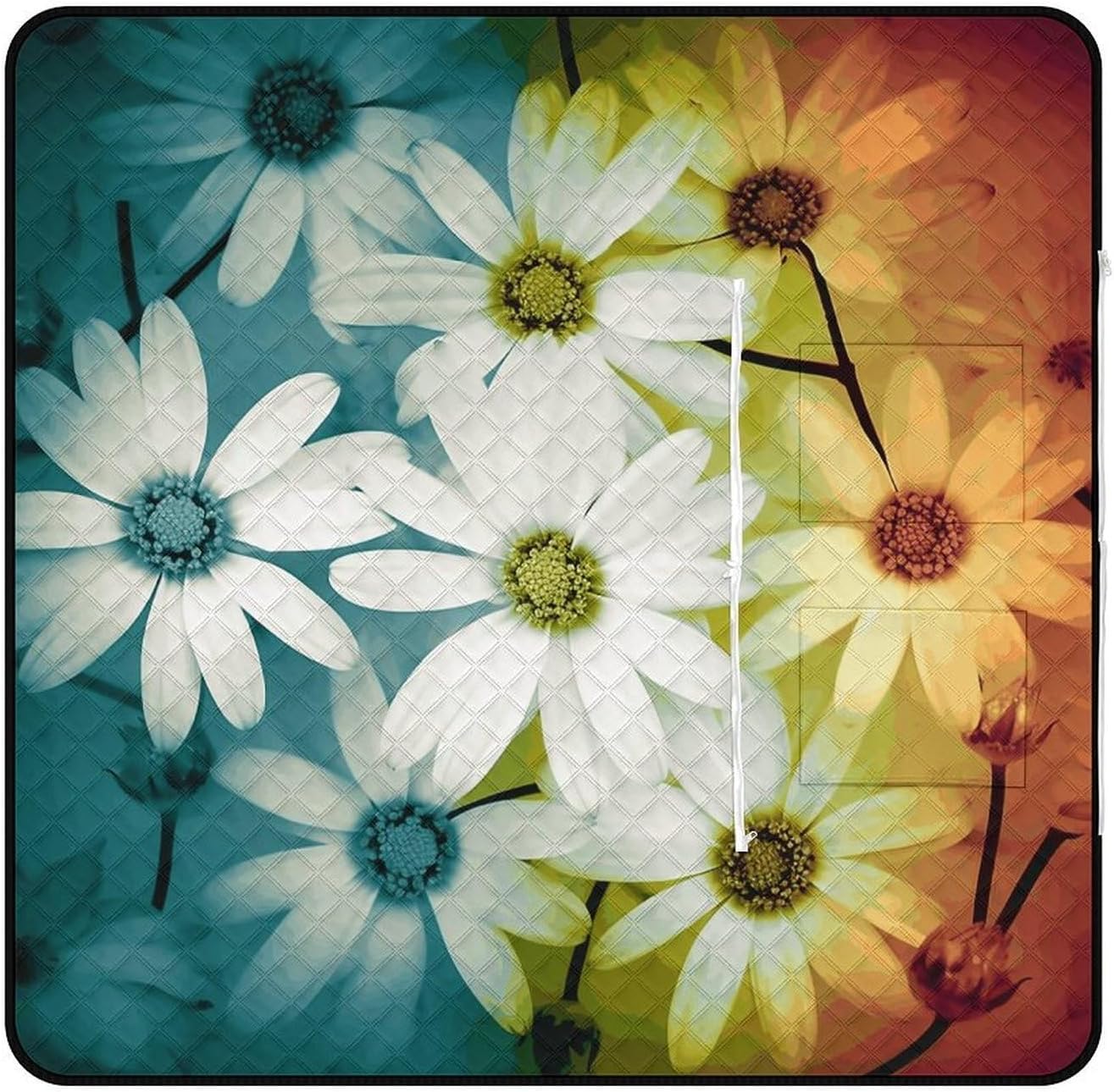 Daisy Flowers in Different Featured Framed Picnic Blanket with Zipper Water Resistant Sand Free Picnic Mat Washable Foldable Easy Carry Beach Blanket for Lawn Beach Hiking Camping