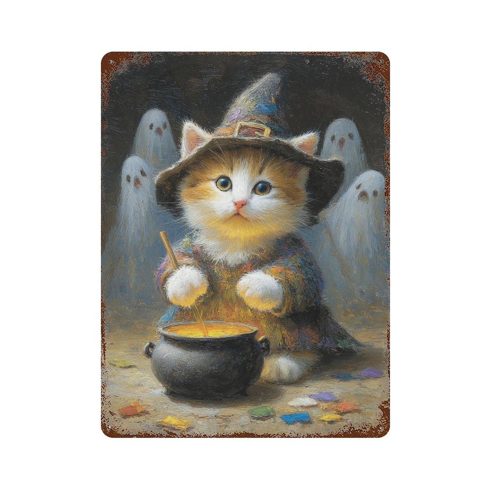 Halloween Witch Cat Brew-1 15.7"x11.8" Distressed Metal Wall Sign, Shabby Chic Decor for Shed, Workshop And Garage Wall Decor