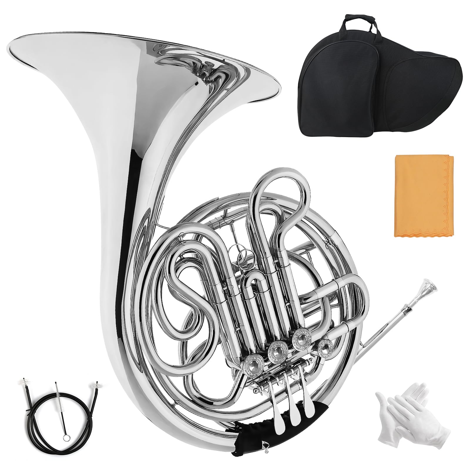 Double French horn, French horn, 4-button F/B tuning, select brass, one-piece French horn design, comes with backpack, gloves, cleaning cloth, and cleaning tool kit(silver, all-in-one)