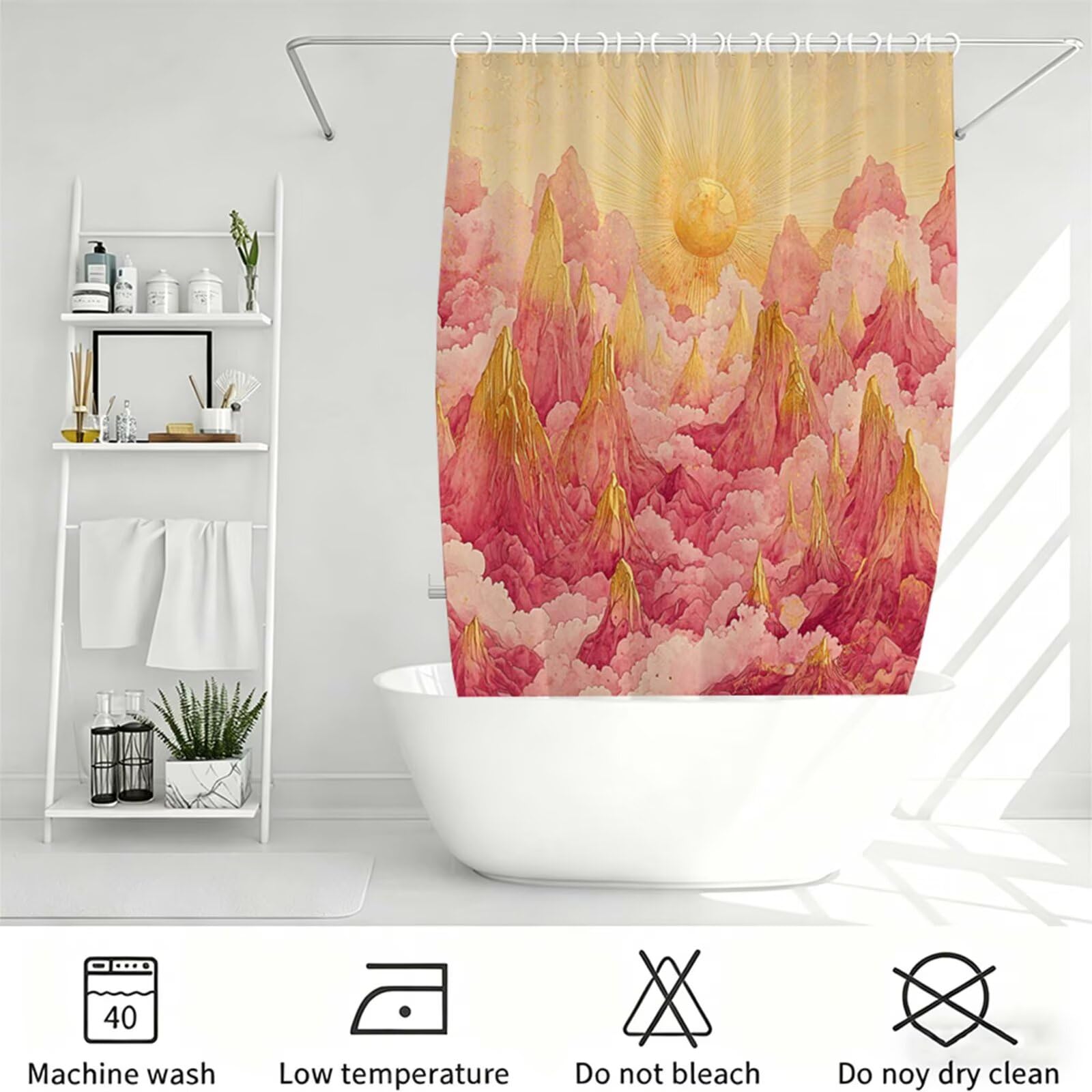 rose clair Rideau Douche 150x200cm Polyester Lavable en Machine Imperméable Rideaux de Douche sommet montagne avec œillets et 12 Crochets, Ourlet Lesté, pour Salle Bain Domicile Baignoire Cabine J-671