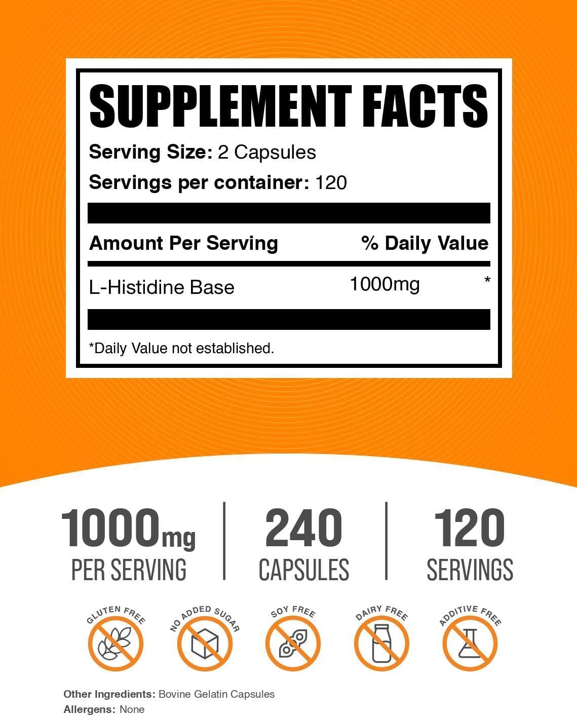 BulkSupplements.com L-Histidine Capsules - as L-Histidine Base, Essential Amino Acid Supplement - Gluten Free, 2 Capsules per Serving, 240 Count (Pack of 1)