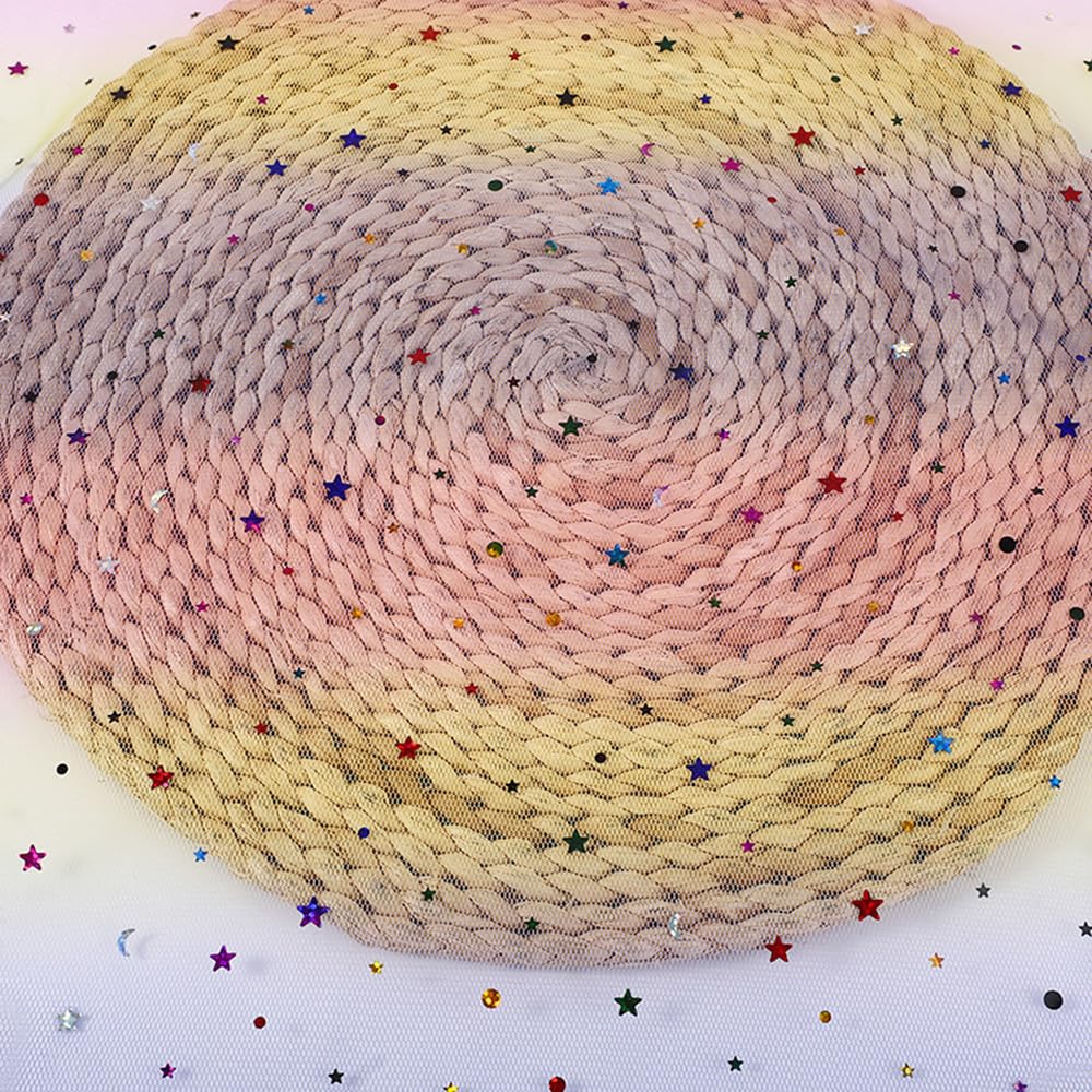 25 Yards Regenbogen Tüllstoff 150cm Breit Glitzer Stern Mond Pailletten Netzstoff Funkelnder Mesh Spitzenstoff Organzastoff zum Nähen Dekostoff für DIY Basteln Hochzeit Party Hintergrund Kleid