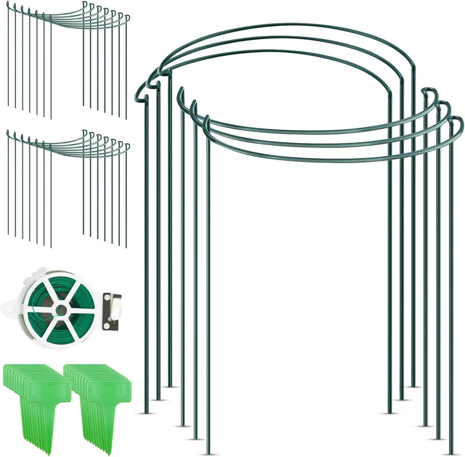CKE 20 Pack 4mm Plant Support Stakes, Metal Peony Support, Garden Plant Cage Stake Support, Plant Support Ring, Green Half Round Plant Support Ring for Peony, Tomato, Rose, Vine Plant 10" W x 15.8" H
