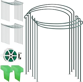 CKE 20 Pack 4mm Plant Support Stakes, Metal Peony Support, Garden Plant Cage Stake Support, Plant Support Ring, Green Half...