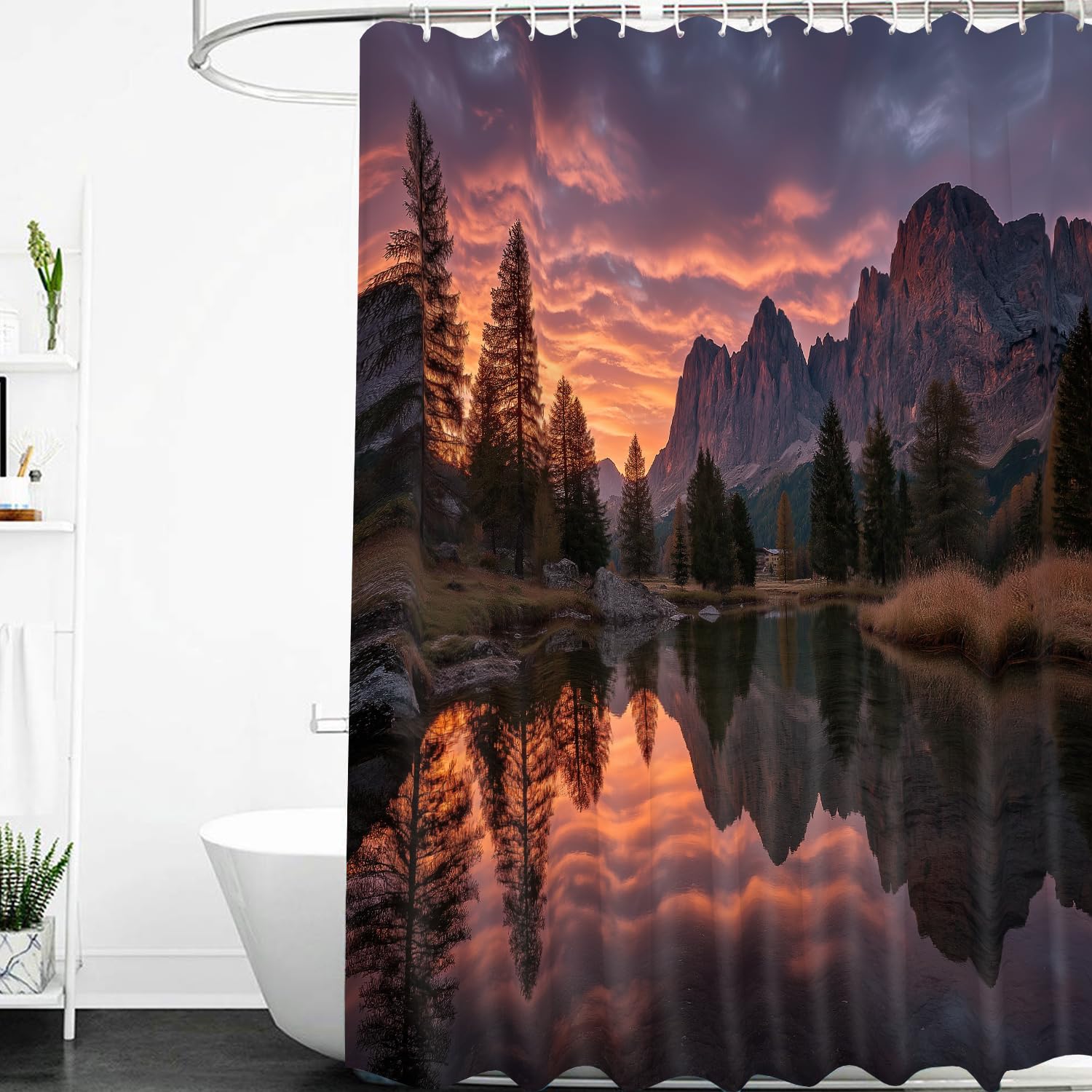 Cortina de Ducha con Diseño de Atardecer en La Montaña para Baño,con Montañas y Pinos Reflejados en el Agua,con Ganchos de Plástico,Lavable a Máquina y Secado Rápido,240Anx200Alcm (1 Panel).