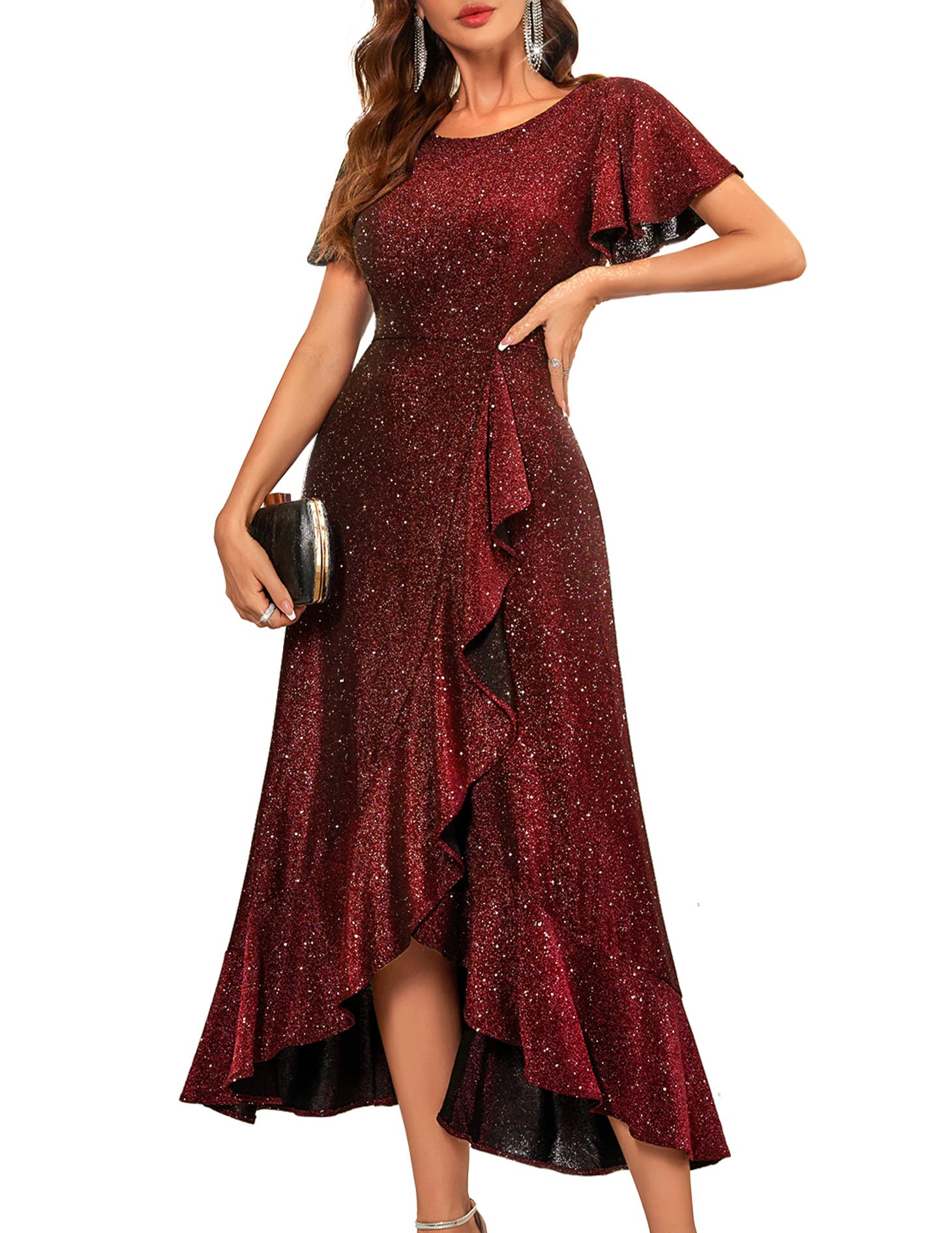 Photo 1 of BeryLove Women Sequin Formal Party Dress Flutter Short Sleeve Wedding Guest Dress Cocktail Long Evening Dress BLS007 Burgundy M
