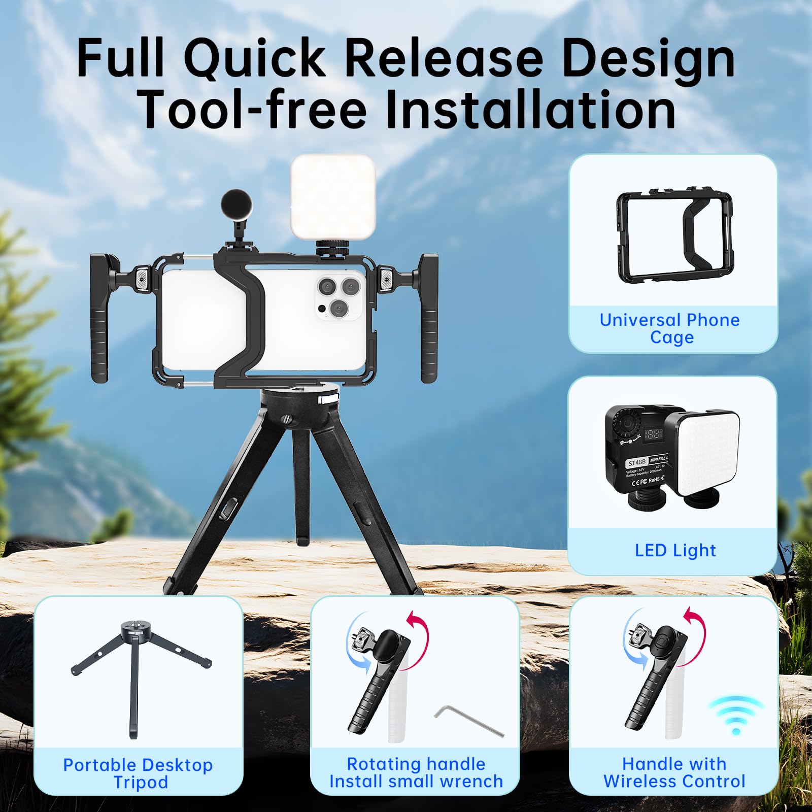 Phone Video Stabilizer Rig Kit: Telefono Cage Rig Rig per Registrazione Video con Maniglie LED Luce Treppiede - per Videomaker Videografo - per iPhone per Samsung per Pixel e altri telefoni Android