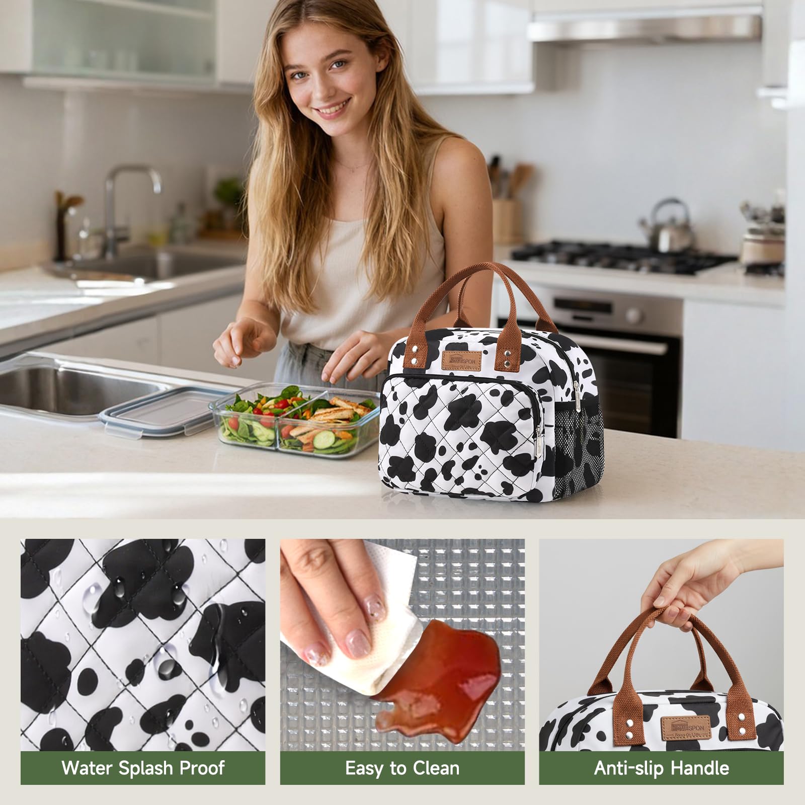 HOMESPON Borsa termica per il pranzo, per donne e uomini, lavoro, adulti, borsa termica per il pranzo, contenitore per il pranzo da donna (stampa mucca)