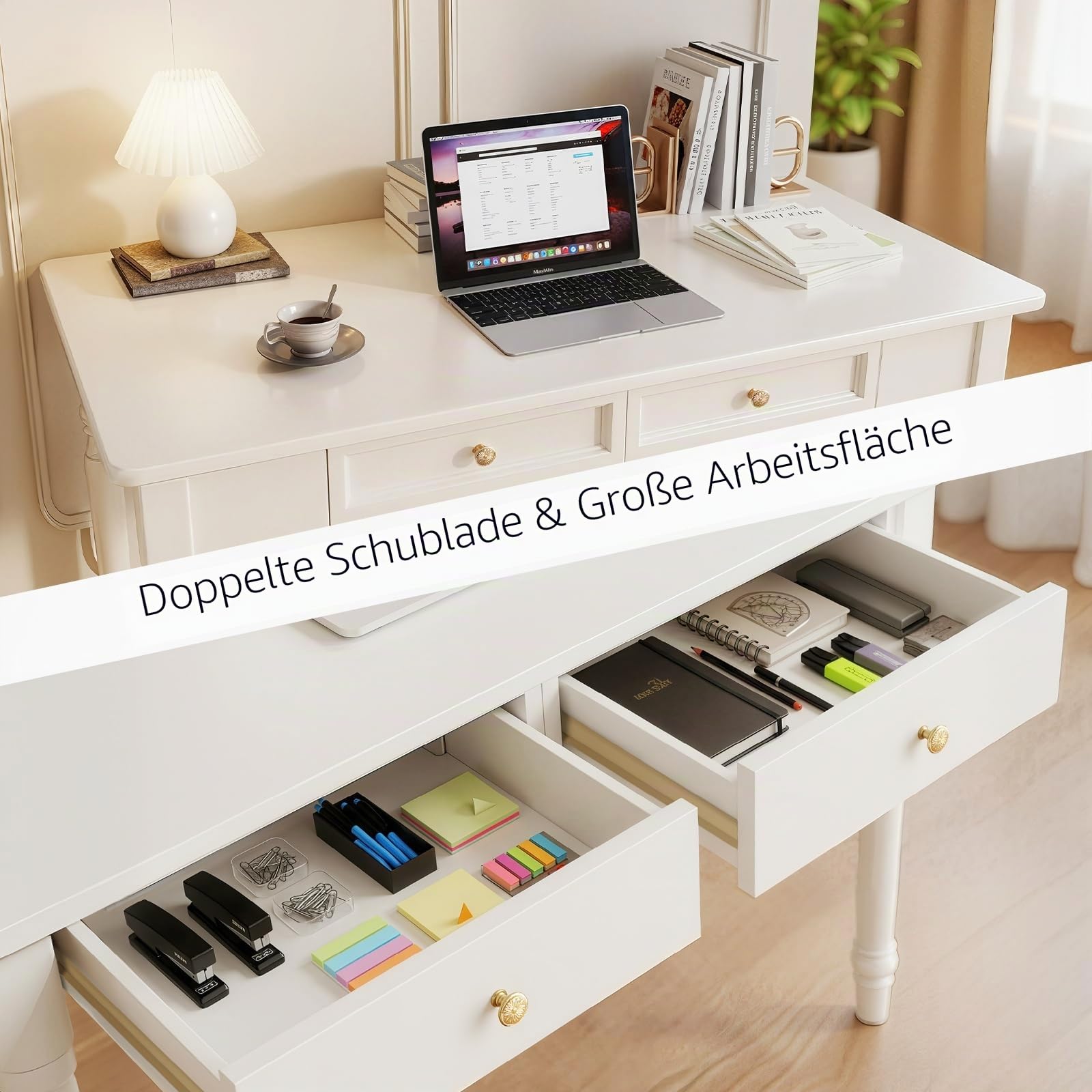 Schreibtisch Massivholz Landhausstil 120x60 cm Weiß, großer Profi Computertisch für Dual Monitor mit Massivholz Schubladen wackelfrei