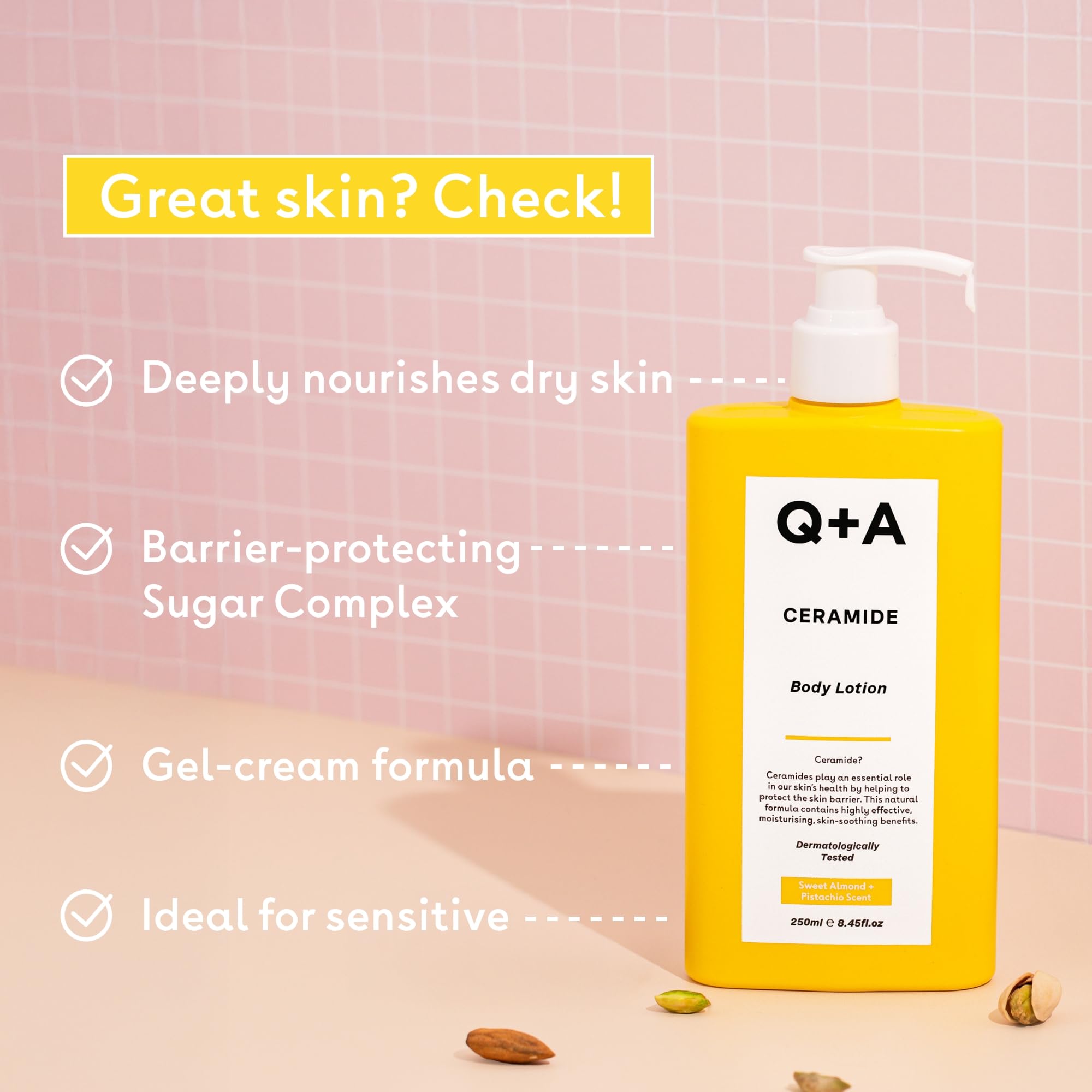 Q+A Ceramid Body Lotion: A nourishing body lotion with squalane, pineapple ceramides, and a protective sugar complex. Provides deep hydration like body butter. 250 ml