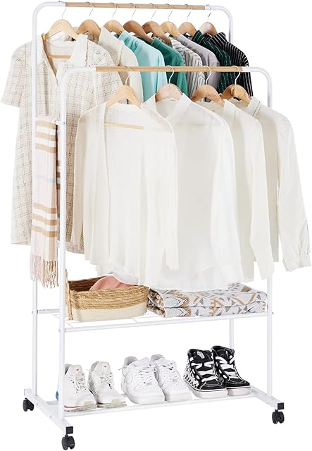 YOUDENOVA Clothes Rail on Wheels Clothes Rack Double Hanging Rails for Clothes Rails for Bedroom Heavy Duty Metal Stand Storage Shelf White