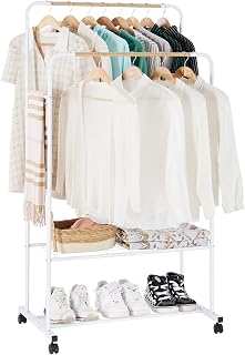YOUDENOVA Clothes Rail on Wheels Clothes Rack Double Hanging Rails for Clothes Rails for Bedroom Heavy Duty Metal Stand Storage Shelf White