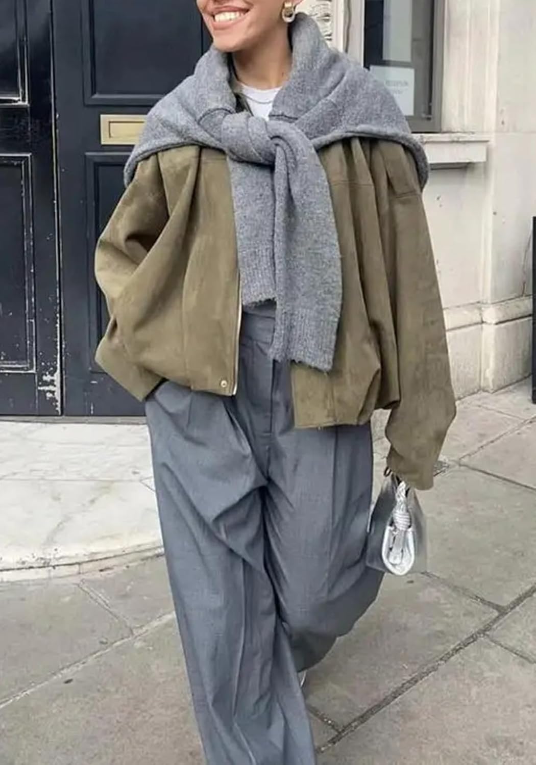 Famnbro Womens Suede Bomber Jacket Y2K Lapel Long Sleeves Zip Up Oversized Casual Coats Windbreaker Fall Outfits - Image 4