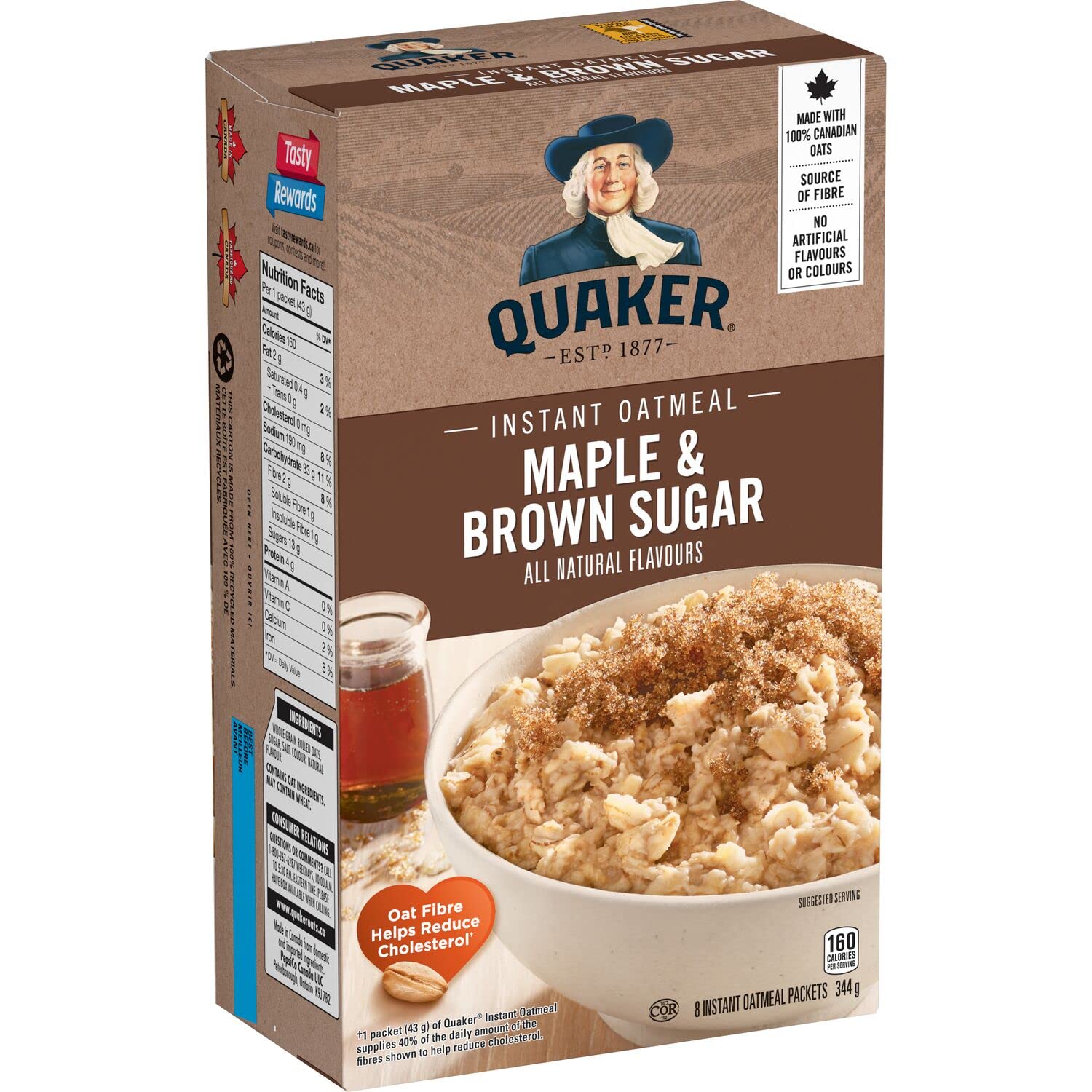Quaker Instant Oats – Flocons d'avoine à l'érable et à la cassonade, 8 carats, 344 g (importé du Canada)