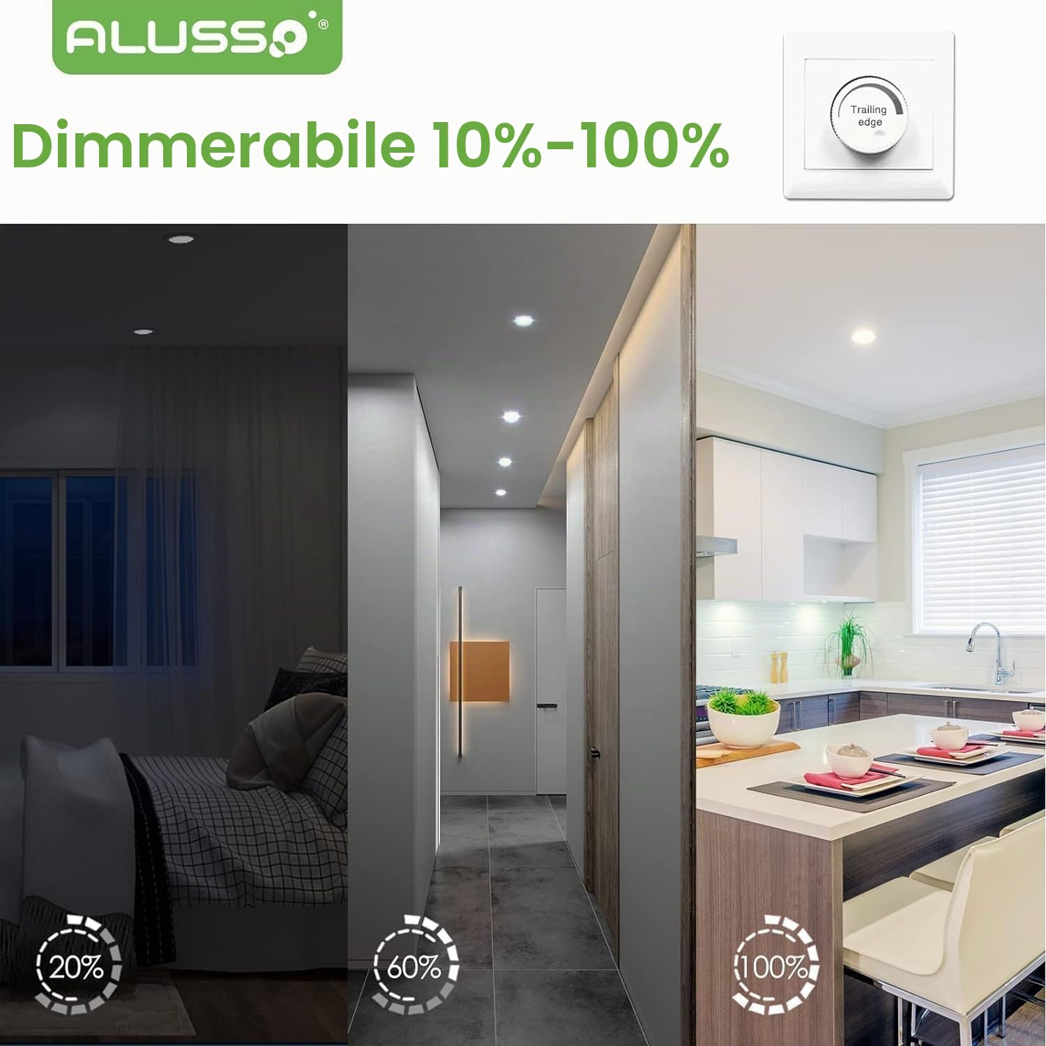 ALUSSO Set di 6 faretti LED da incasso piatti 230 V, 10 W, 800 lm, intensità variabile, ultra sottile, profondità di incasso 30 mm, bianco caldo 3000 K, bianco neutro 4000 K, bianco freddo 6500 K,