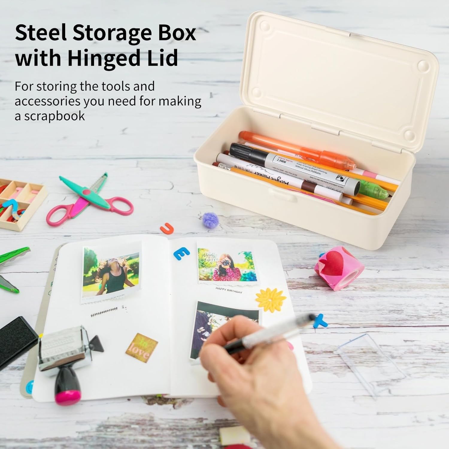 Metal Storage Box With Hinged Lid, Tool Organizer, Rectangular Steel Container For Scrapbook Stamps, Tapes, And More