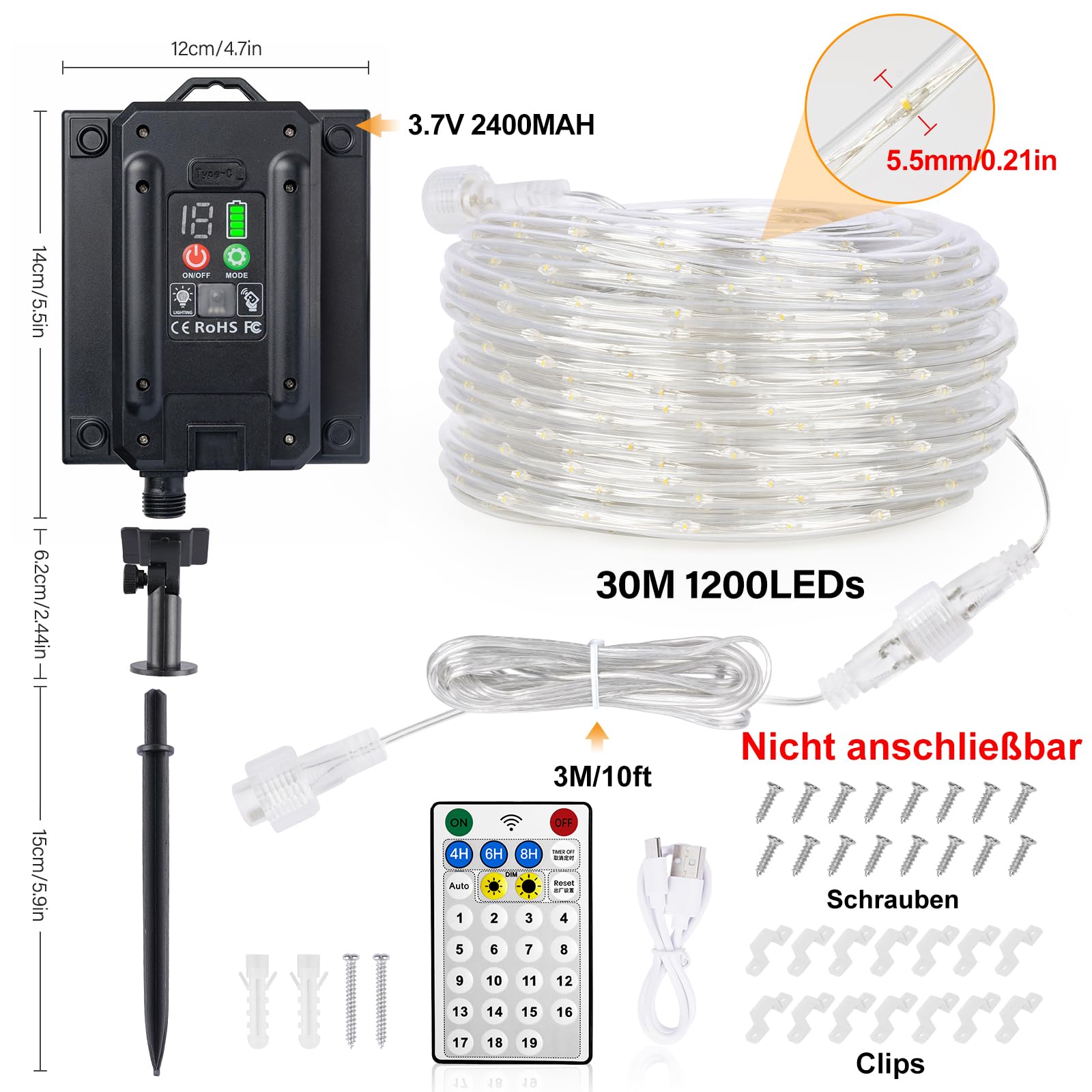 StarryEver Tubo luminoso solare per esterni, 30 m, 1200 LED, 2700 K, luce bianca calda, funzione di ricarica USB, IP68, resistente alle intemperie, con telecomando, per esterni, tubo di luce per