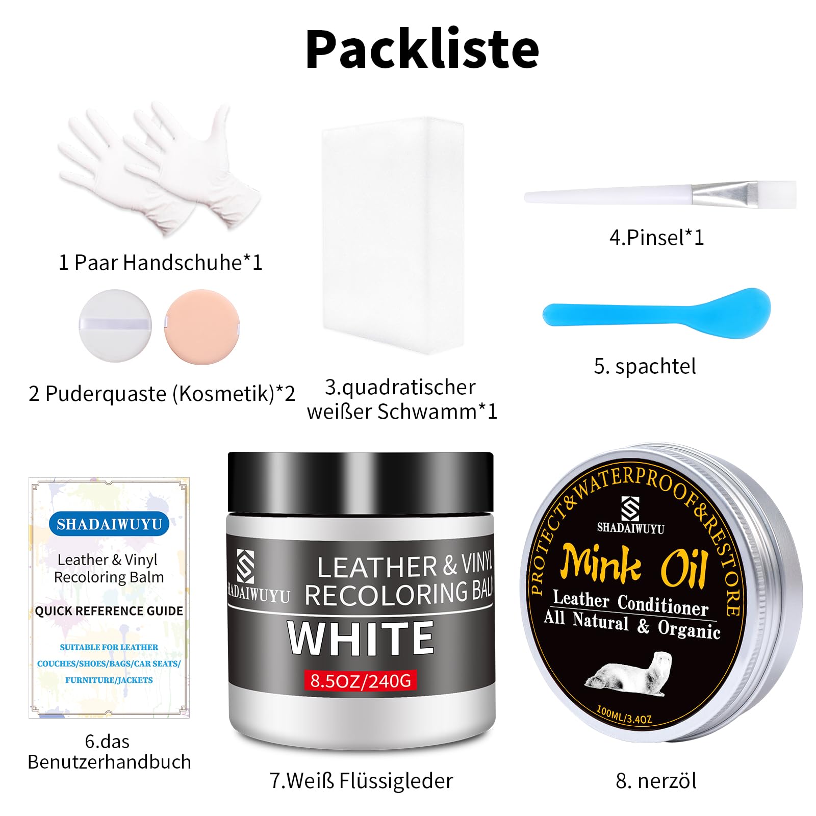SHADAIWUYU 240g Lederpflege Auto mit Lederfett(100ml),Leder Reparatur Set Weiß,Flüssigleder,Lederfarbe,Kunstleder Reparaturset zum Reparieren von Sofas,Vinylmöbeln,Autositz bei Verblassen und Kratzer