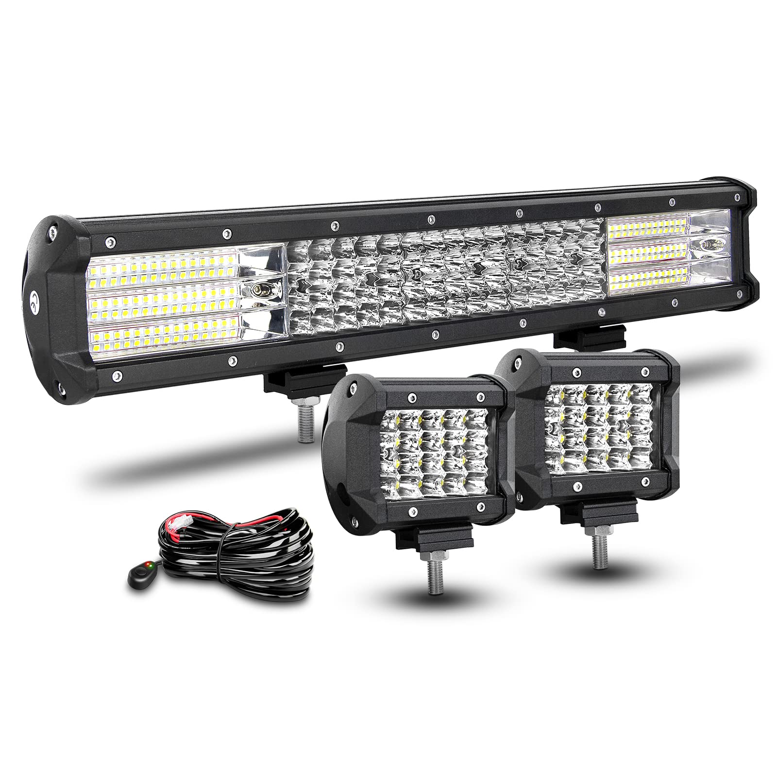 RIGIDON 45cm 18 pollici 450W Barra luminosa a LED Fuoristrada con 12V Cablaggio, 2pcs 10cm 60W Spot Fari led trattore, impermeabile Luce da Lavoro per 4x4 Offroad Auto Camion ATV Barca 6000K bianca