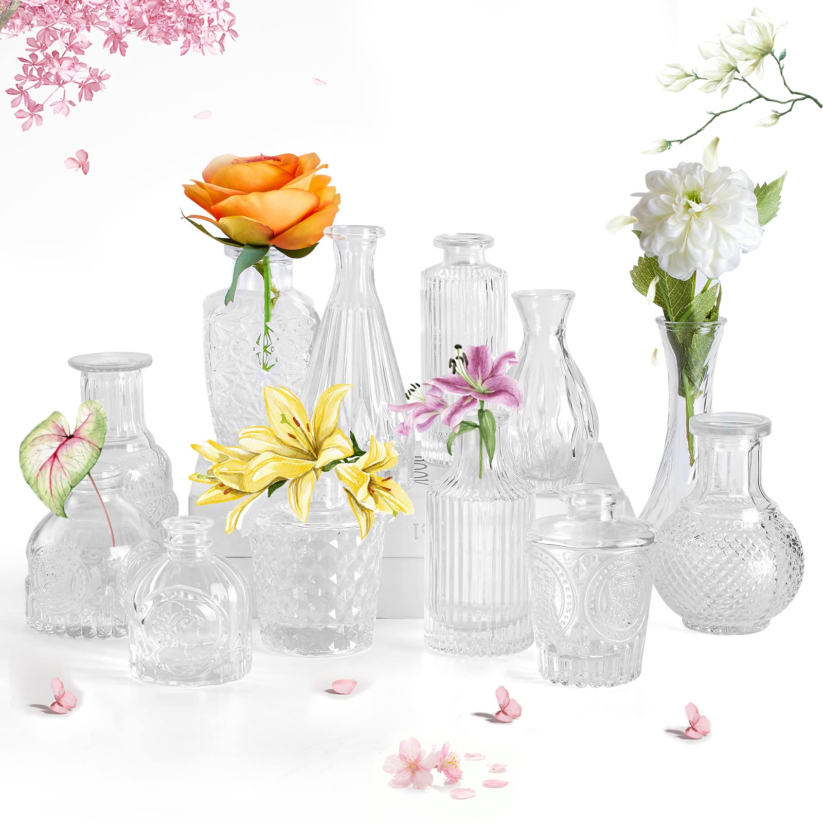 HIONXMGA Glass Bud Vases in Bulk 12PCS,Small Clear Bud Vase for Flowers,Mini Cute Vintage Vases