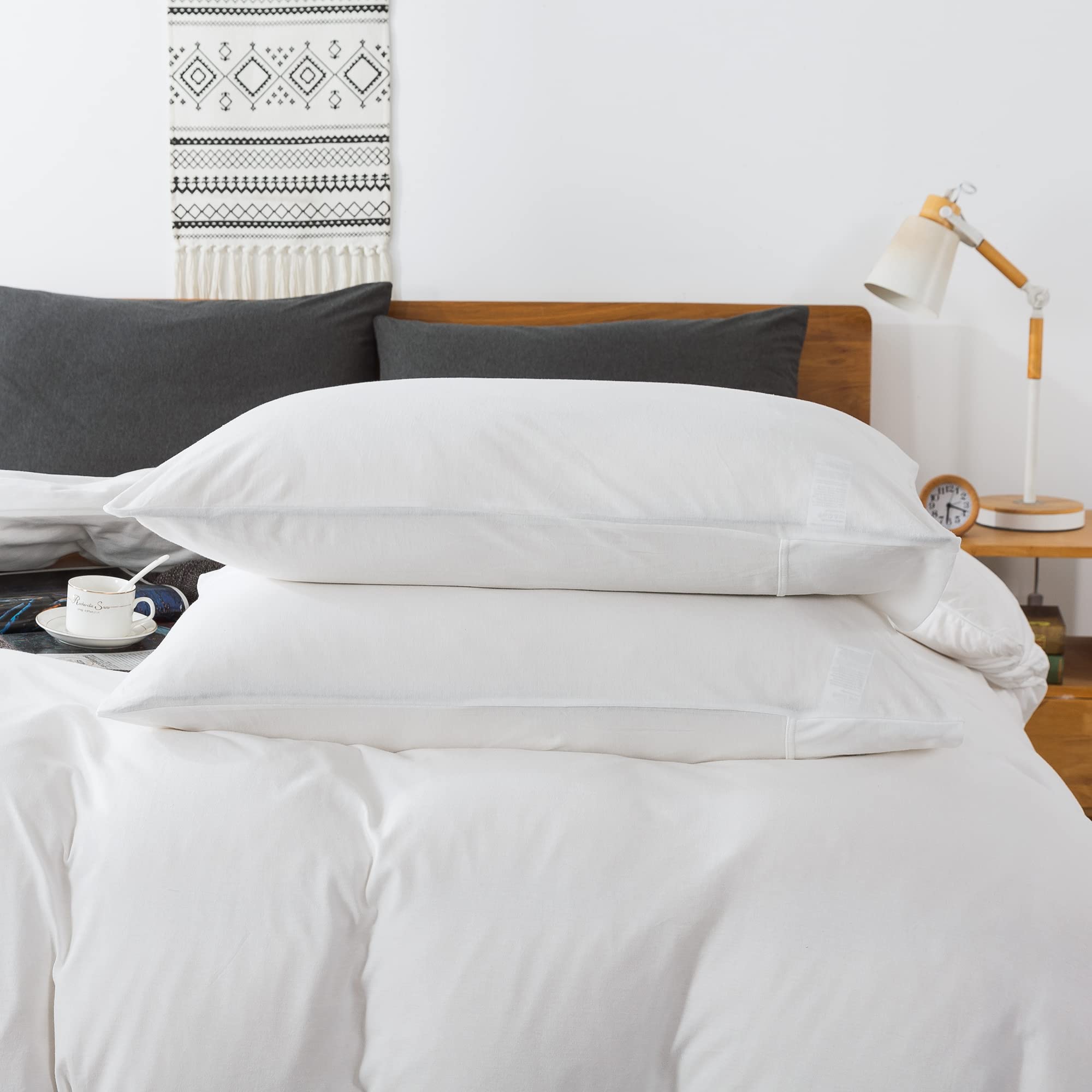 SAMZPAO 100% Jersey Cotton Pillow Cases of 2 - Ultra Soft Pillow Covers 2 Pack with Envelope Closure (White, Queen)