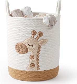 72L Großer Wäschekorb Kinderzimmer, Giraffe Geflochtener Korb aus Baumwolle mit Griffen, Runder Wäschesammler & Aufbewahrungskorb für Babyspielzeug, Kleidung und Decken, Wohnzimmer Dekoration-50x38cm