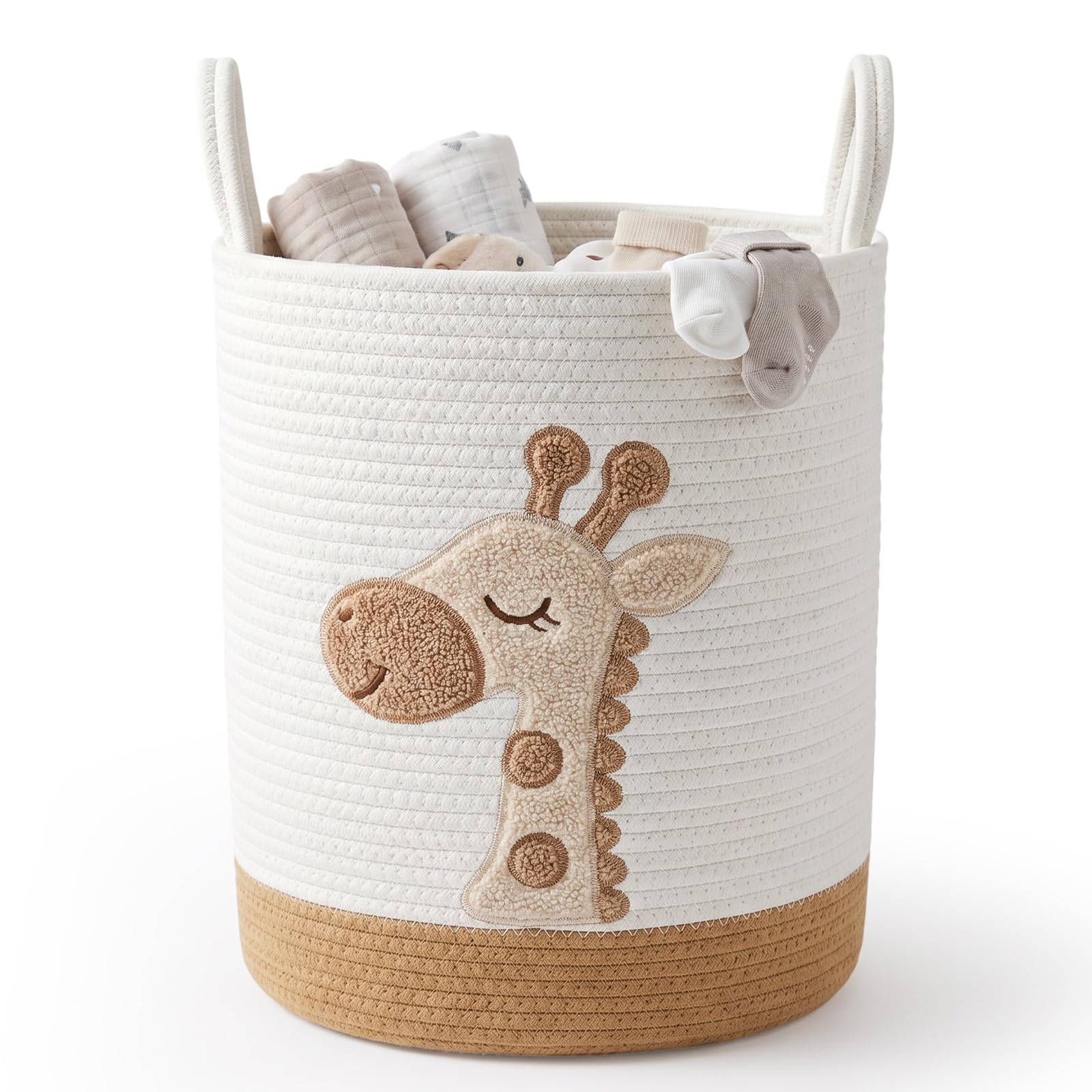 Cesto portabiancheria grande da 72 l, motivo giraffa, in cotone intrecciato, con manici, cesto rotondo per la biancheria, per giocattoli, vestiti e coperte, decorazione per il soggiorno, 50 x 38 cm