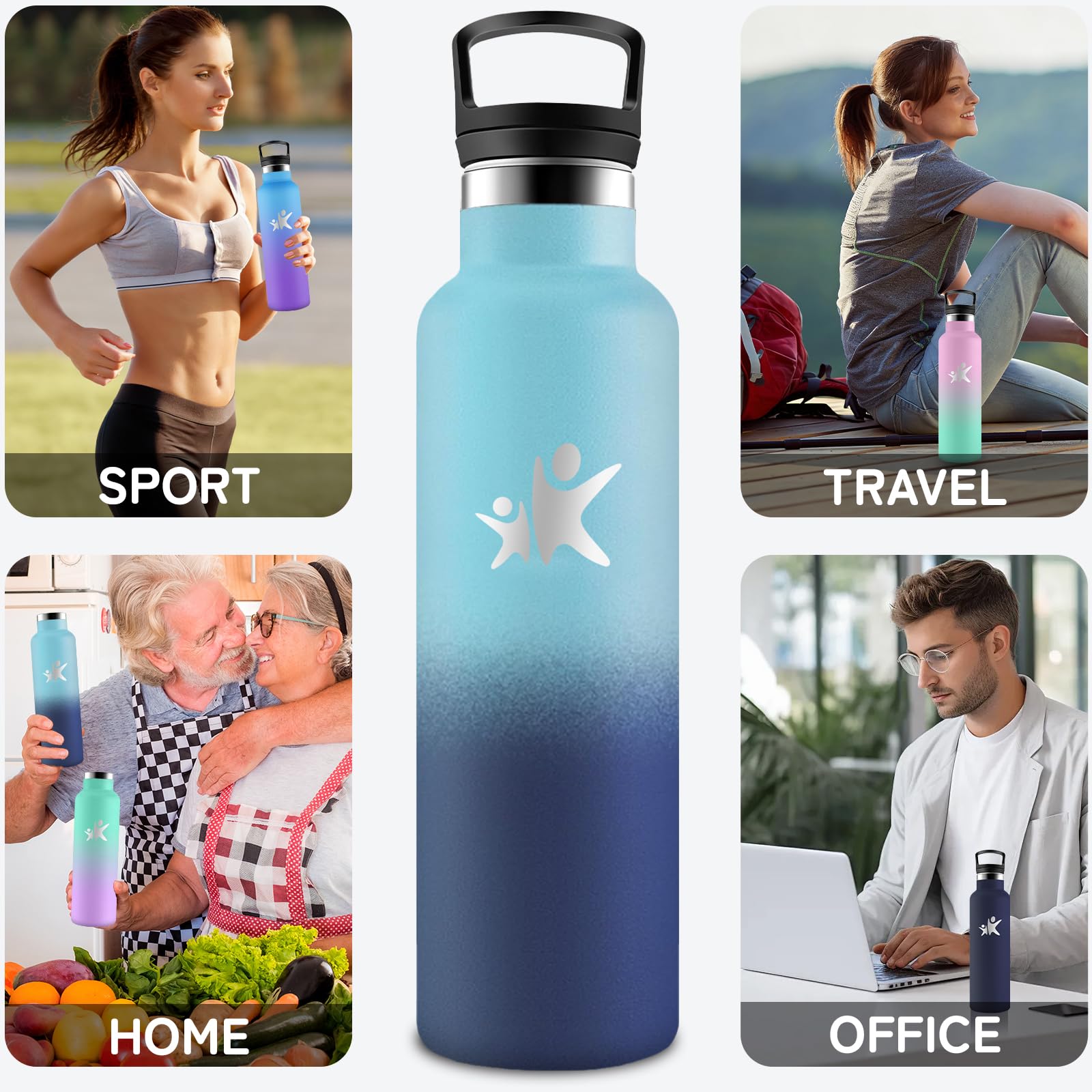 Trinkflasche Edelstahl, Sport Trinkflasche 1 liter, Thermosflasche Mit 2 Deckeln, Doppelwandige Vakuumisolierte, Sporttrinkflaschen 1l Auslaufsicher, Wasserflasche für Reisen, Wandern, Fitness, Gym
