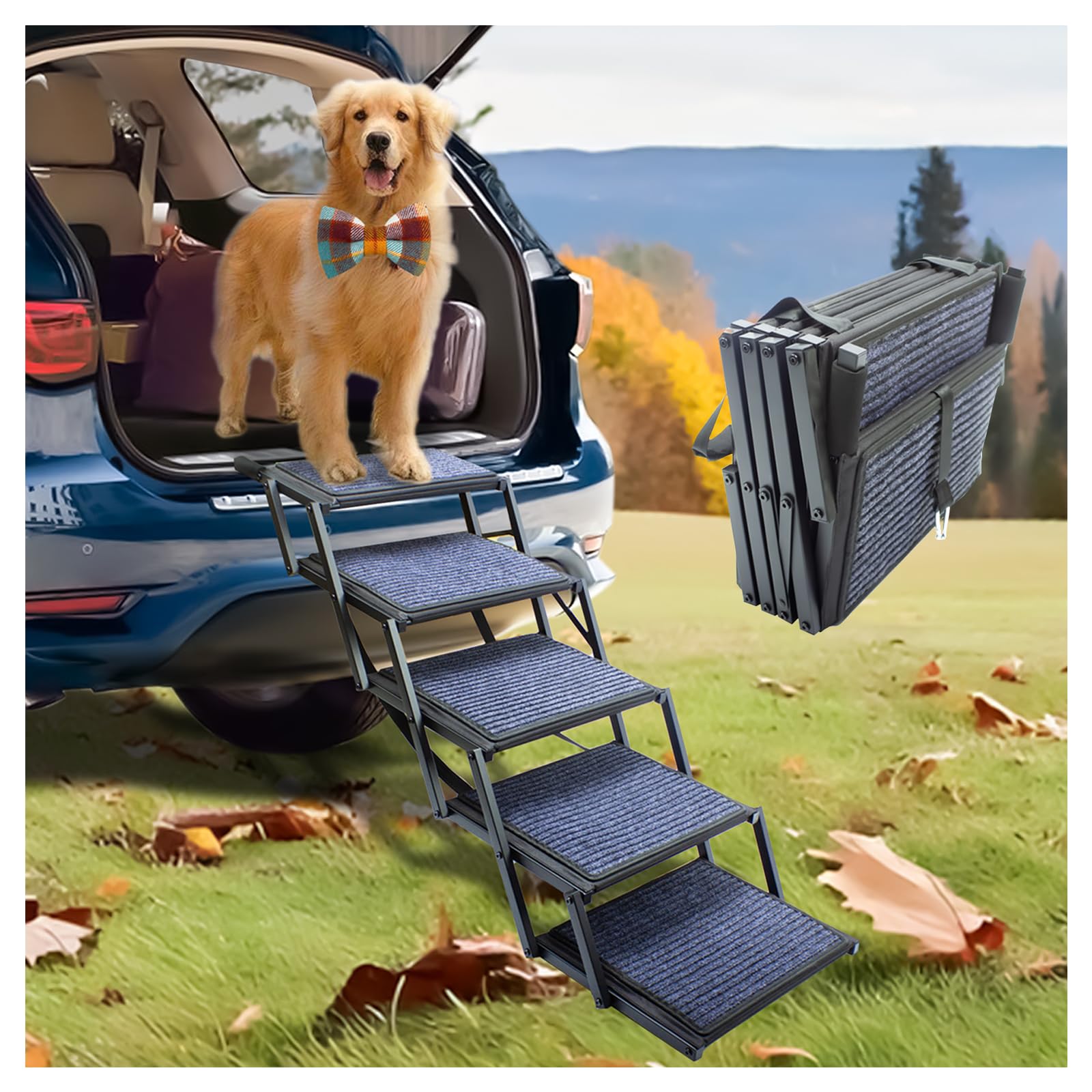 Dog Ramp for Car Truck and SUV Dog Stairs for Large Dogs Folding Pet Stairs with Non-Slip Rug Surface Supports Up to 250 lbs (5 Steps)