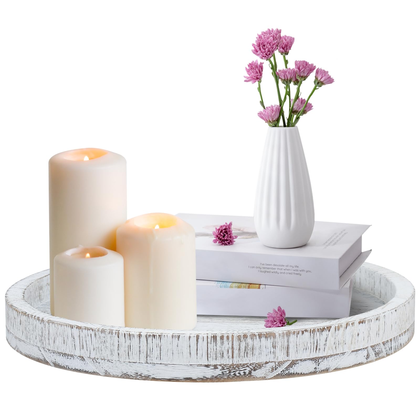 Candle Holder Tray, 30cm Round Vintage Candle Plate, Farmhouse Table Decorations Centerpiece, Rustic Wood Tealight Pillar Trays for Christmas Wedding Halloween Bathroom Decor