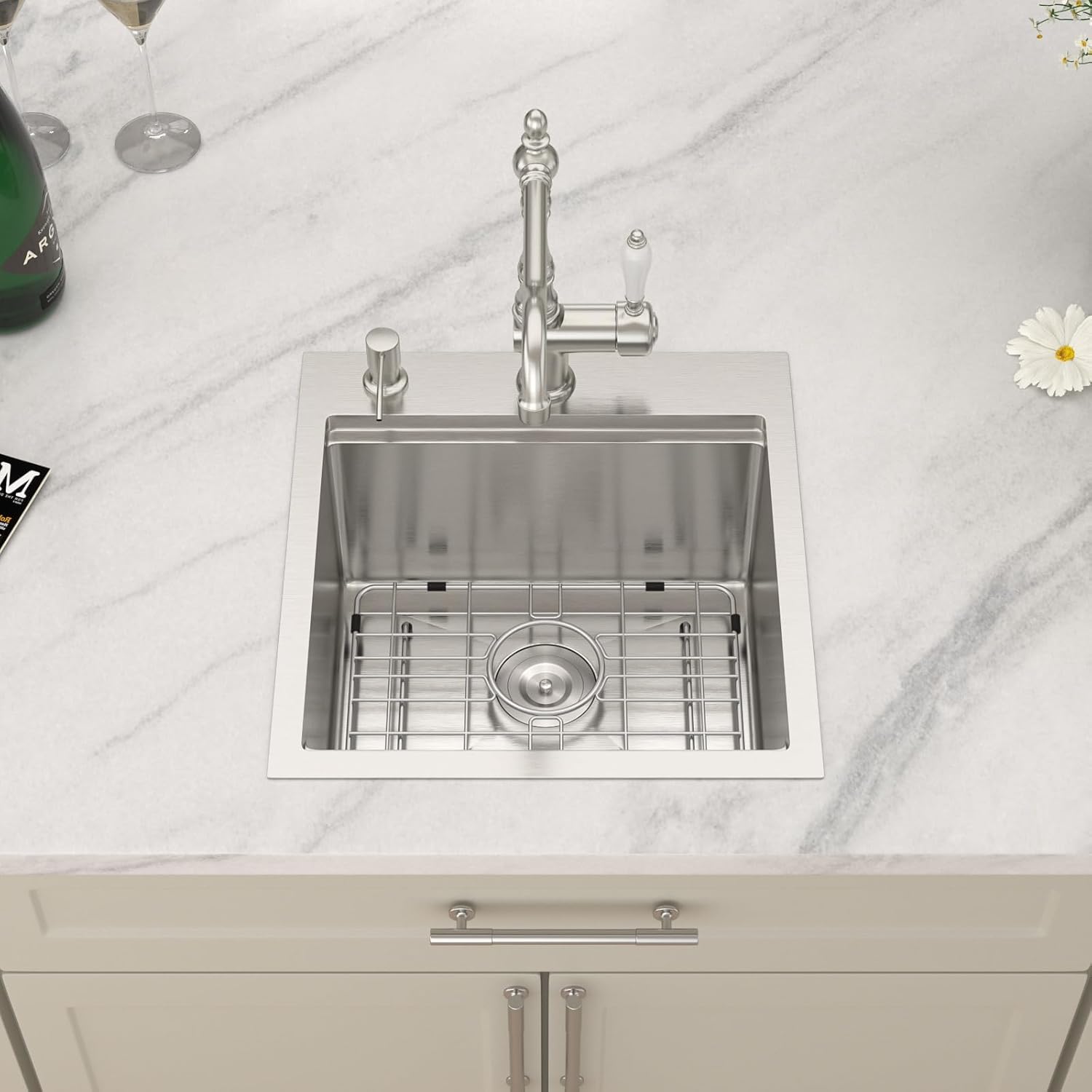Dcolora Drop In Bar Sink 17x18x9 Inches, Workstation with Accessories, Brushed 304 Stainless Steel, Heavy Duty 16 Gauce, Small Single Bowl Perfect for Small Kitchen, Bar, Kitchen Island #DC-TW258003