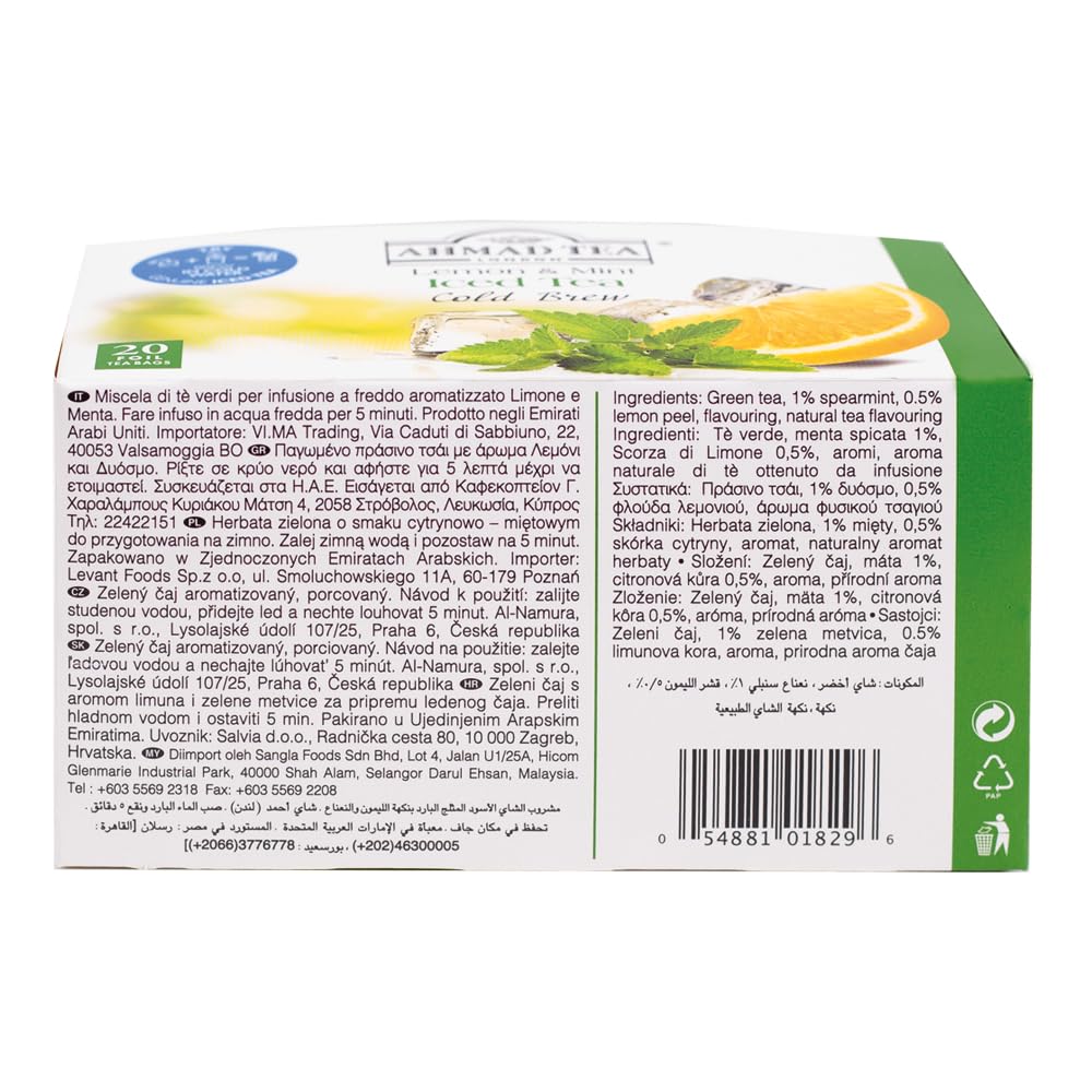 Ahmad Tea Green Tea, Cold Brew Lemon and Mint Teabags, Iced Tea, 20 ct (Pack of 6) - Caffeinated and Sugar-Free
