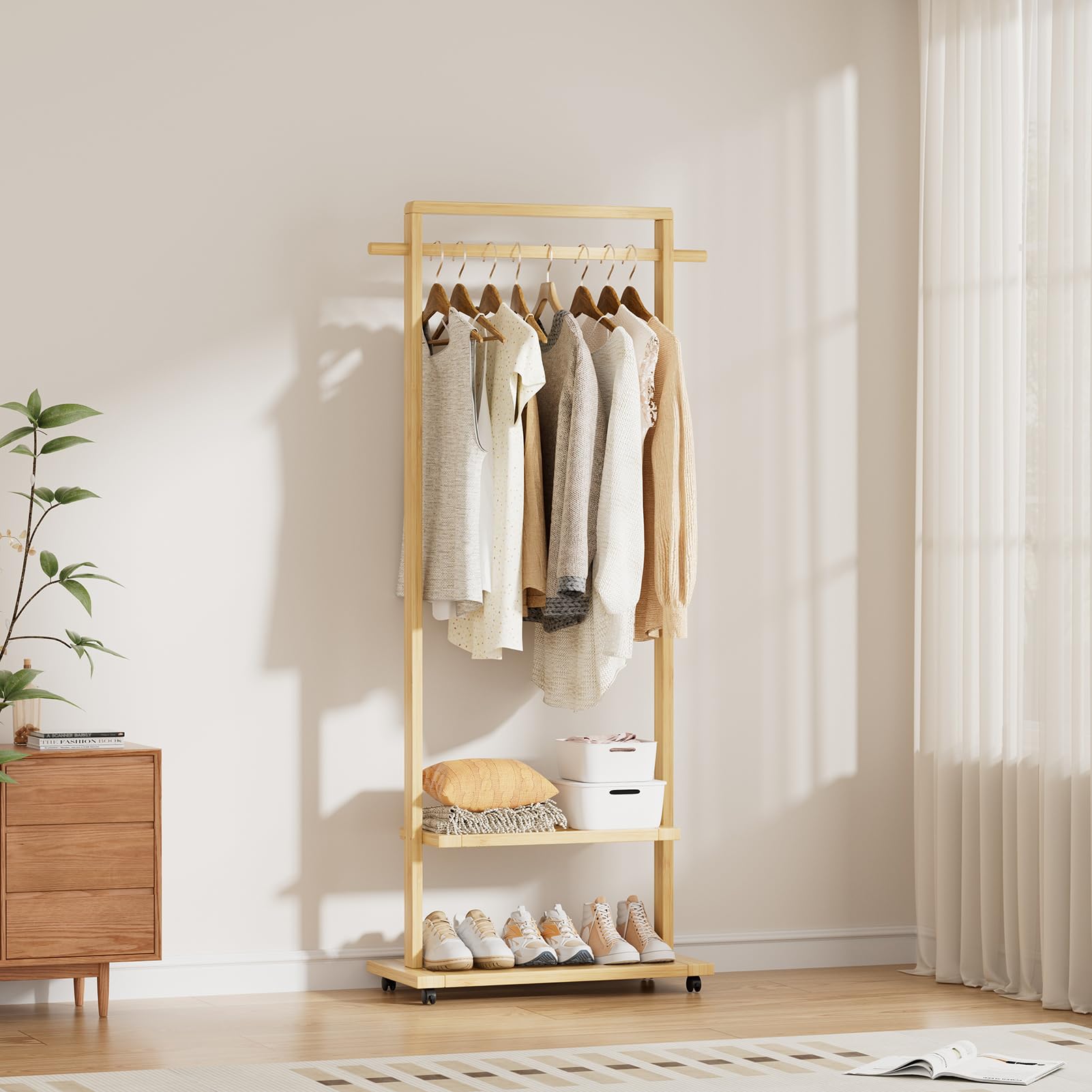 Warmiehomy Bamboo Clothes Rail with Shelves & Wheels for Bedroom, Natural
