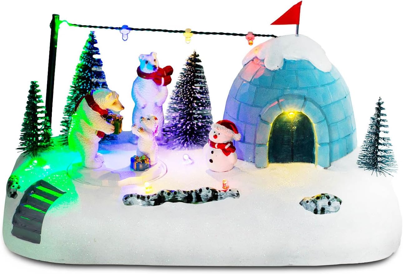 Animated Christmas Polar Bear Village Scene – LED Lighted Igloo Winter Diorama with Snowman, Resin Figurines & Rotating Display – Whimsical Holiday Decor for Tabletop or Mantel