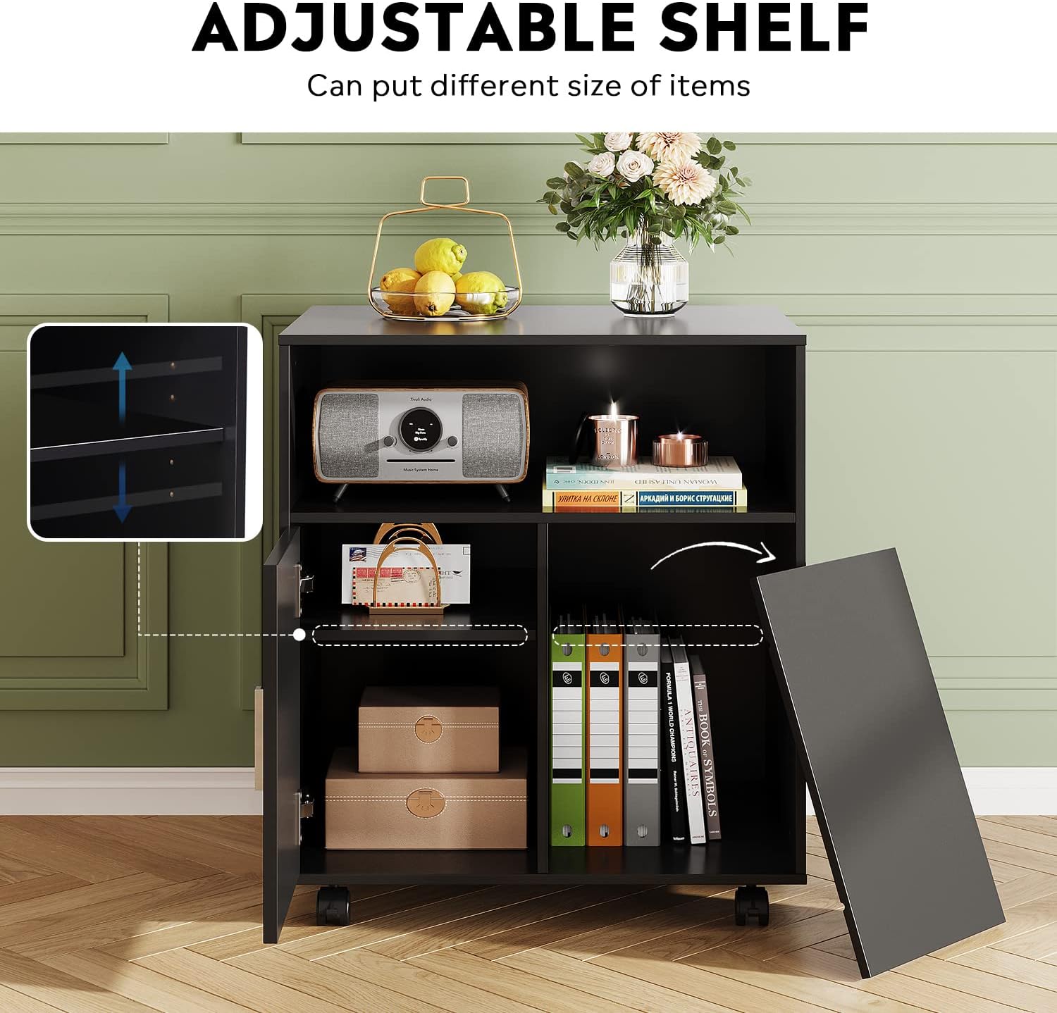 DEVAISE Mobile Printer Stand with Adjustable Shelf, Rolling Wood Storage Cabinet on Wheels, Black