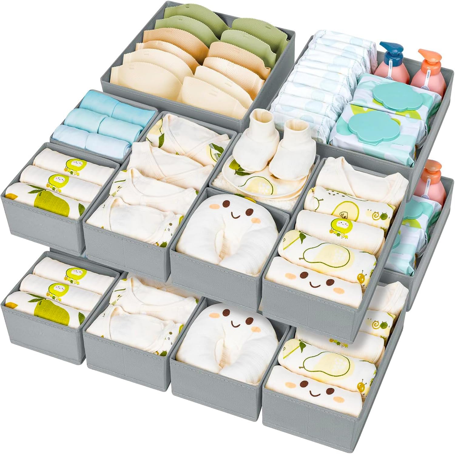 DIMJ Schubladen Organizer Kleidung Baby- 15er Set Faltbare Unterwäsche Kleiderschrank Organizer, Aufbewahrungsbox Stoff Schubladen Ordnungssystem für Hosen, Kleidung, Socken, Grau
