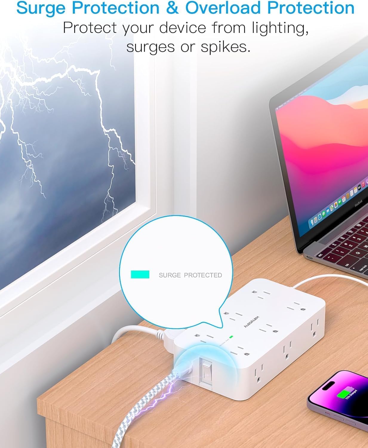 Extension Cord 15 Ft, HANYCONY Power Strip Surge Protector 12 Outlets 4 USB Ports (2 USB C), Large Desk Power Strip with Long Cord, Flat Plug, Wall Mount for Office Home College Dorm Room Essentials