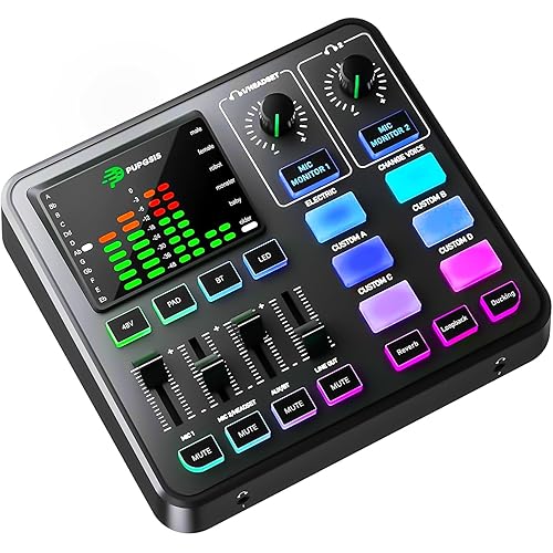 PUPGSIS Gaming Audio Mixer, Audio Interface for PC/Podcast/Streaming, Sound Board with 3.5mm/XLR Mic Input, 48V Phantom Power, Voice Changer, Live Sound Card with DJ Mixer Effects/Bluetooth/4 Channel