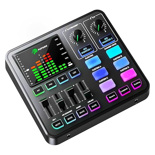 PUPGSIS Gaming Audio Mixer, Audio Interface for PC/Podcast/Streaming, Sound Board with 3.5mm/XLR Mic Input, 48V Phantom Power, Voice Changer, Live Sound Card with DJ Mixer Effects/Bluetooth/4 Channel - Black